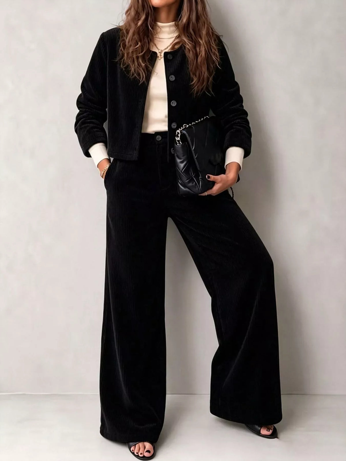 full size corduroy button-down jacket and wide-leg | dropsona - neutral - packaging
