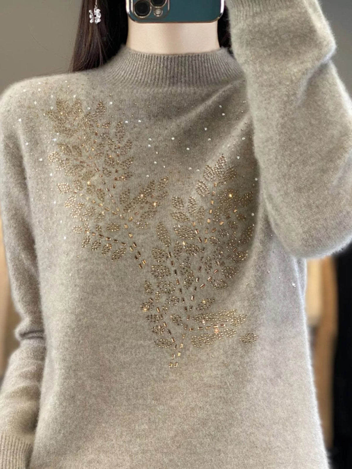 rhinestone leaf mock neck sweater | dropsona polyester - neutral - material texture