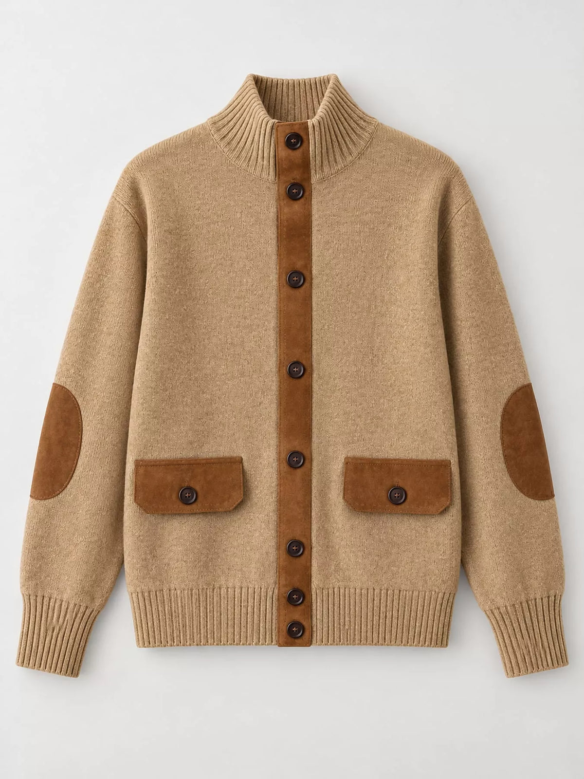 ribbed-knit mock neck cardigan – buttoned,pocketed fit | dropsona - neutral - size reference