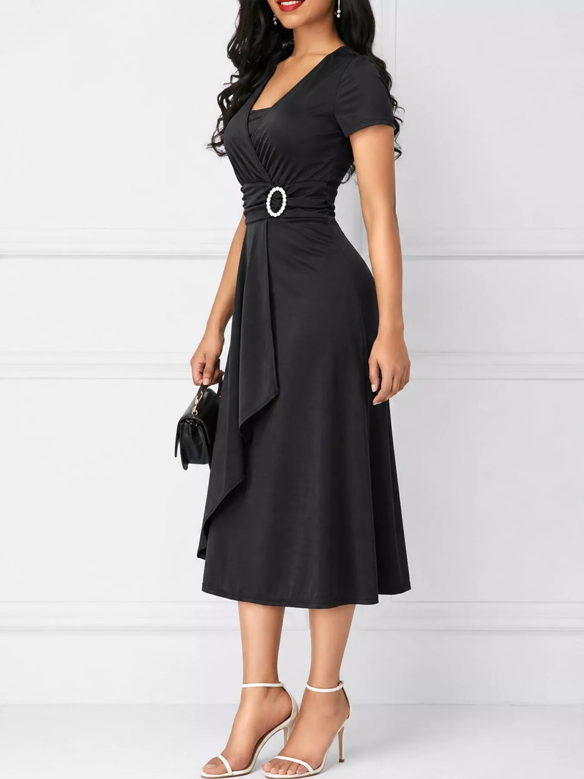 full size decorative buckle short sleeve dress plus | dropsona - neutral - everyday use