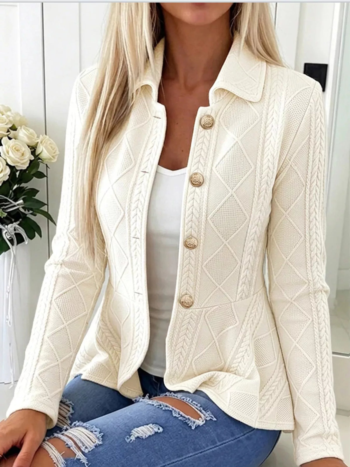 cable-knit button up cardigan | dropsona polyester 100% - neutral - front view