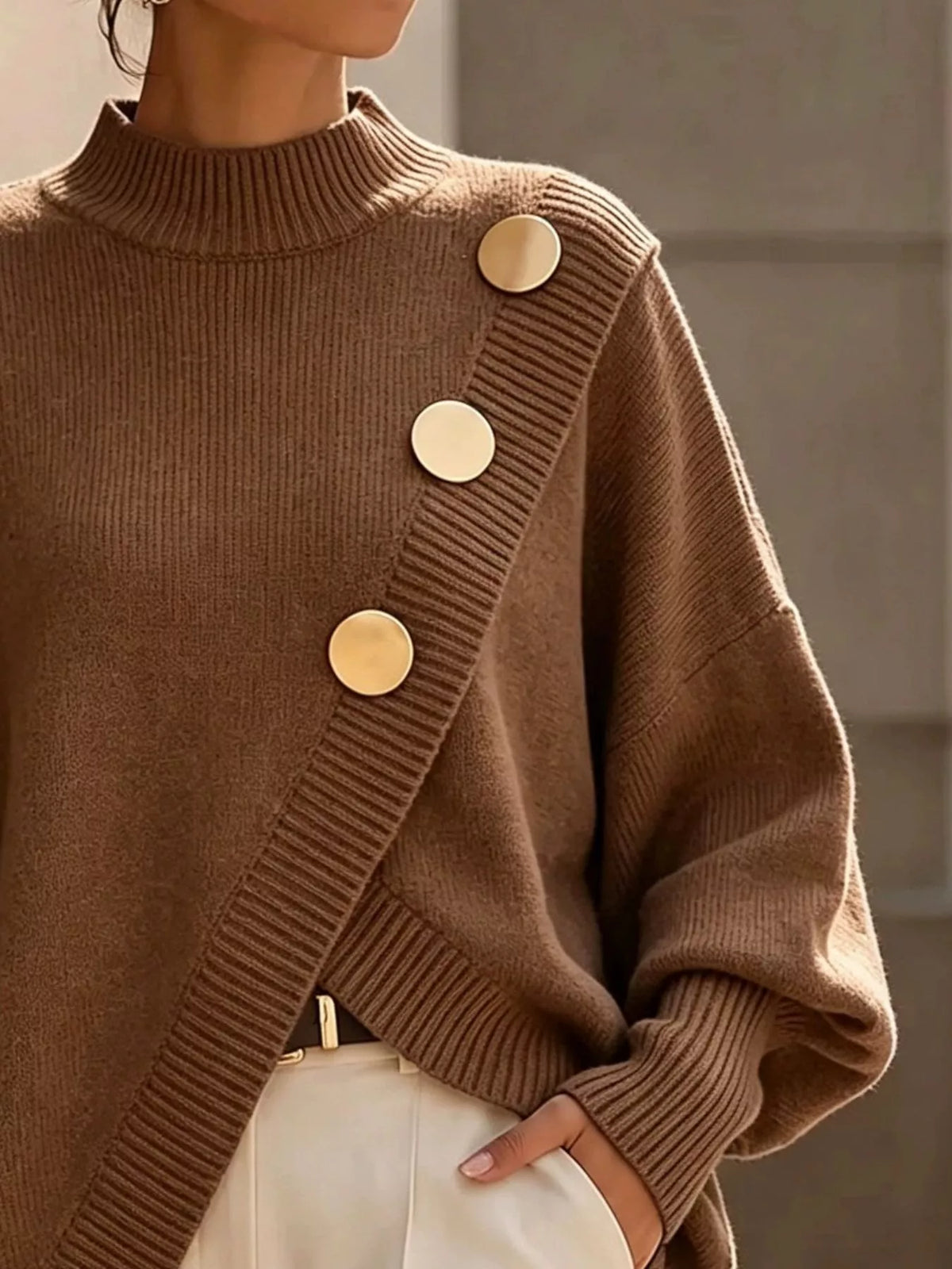 asymmetric button-decorated sweater | dropsona - neutral - front view