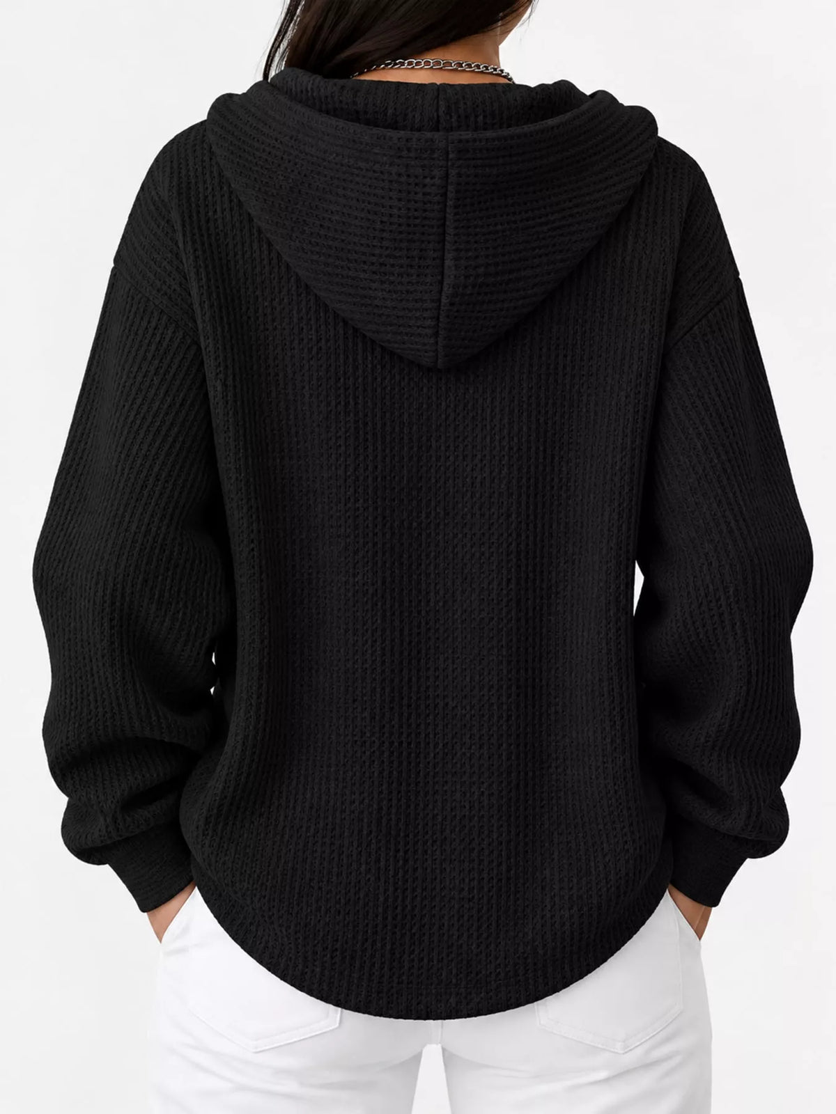 full size waffle knit button detail hoodie plus | dropsona - neutral - material texture