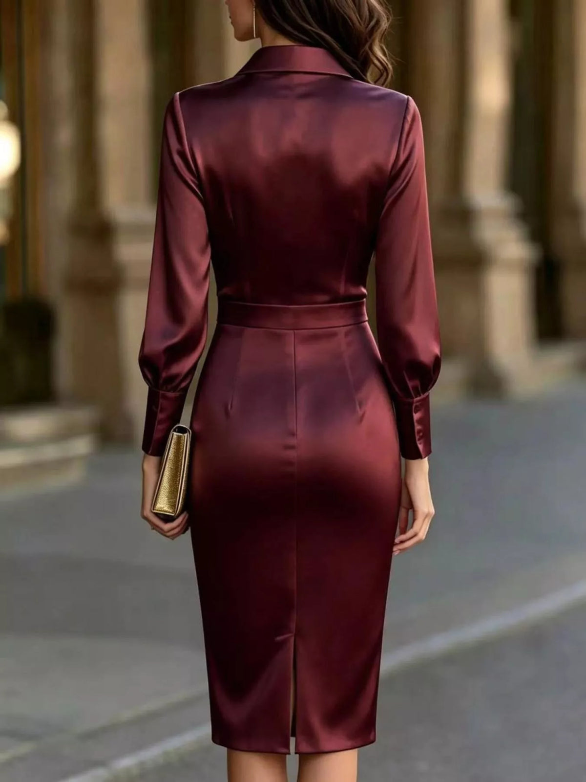 satin lantern sleeve midi dress – basic style | dropsona - neutral - size reference