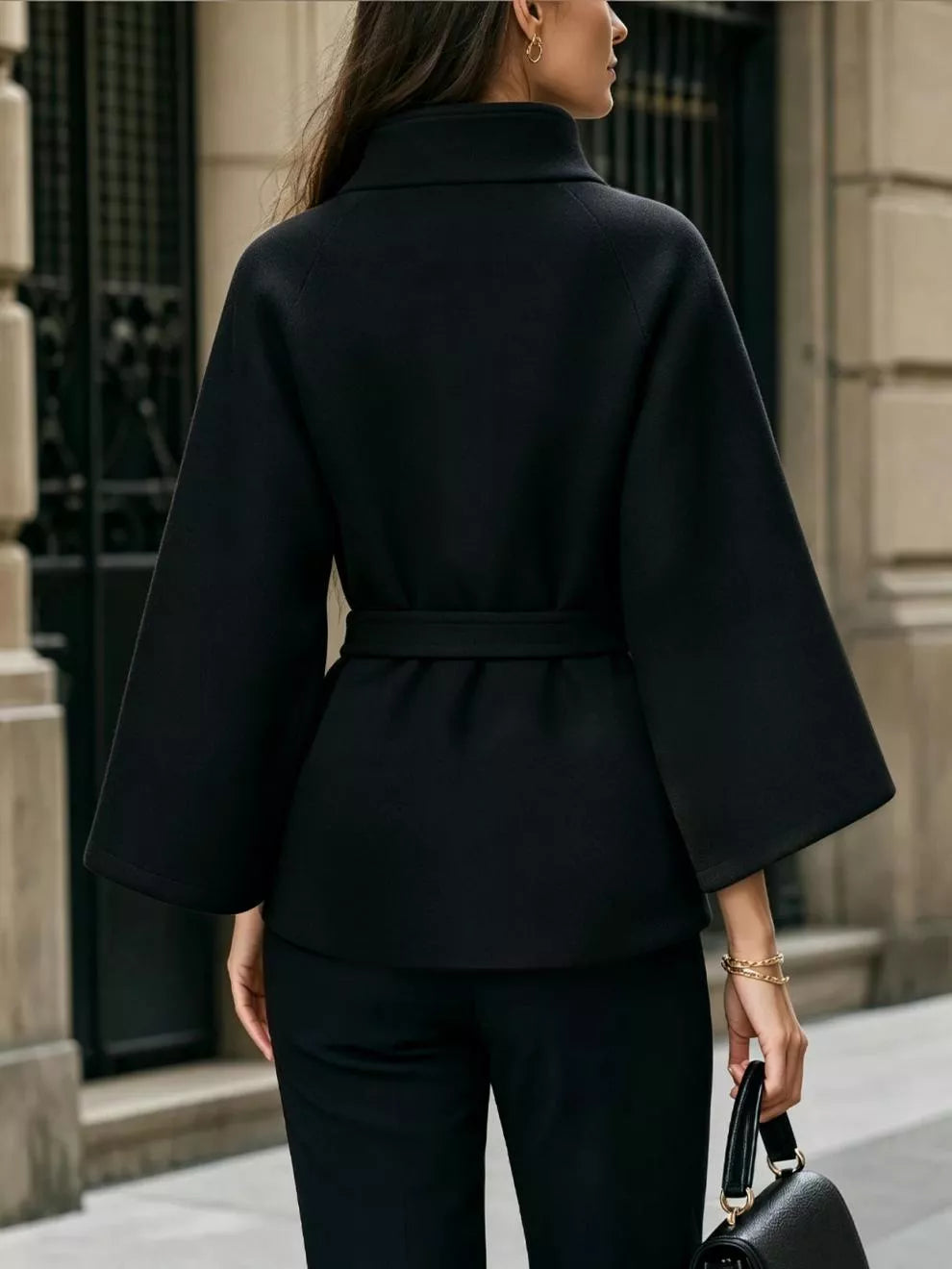 button down cape coat with belted waist | dropsona - neutral - front view