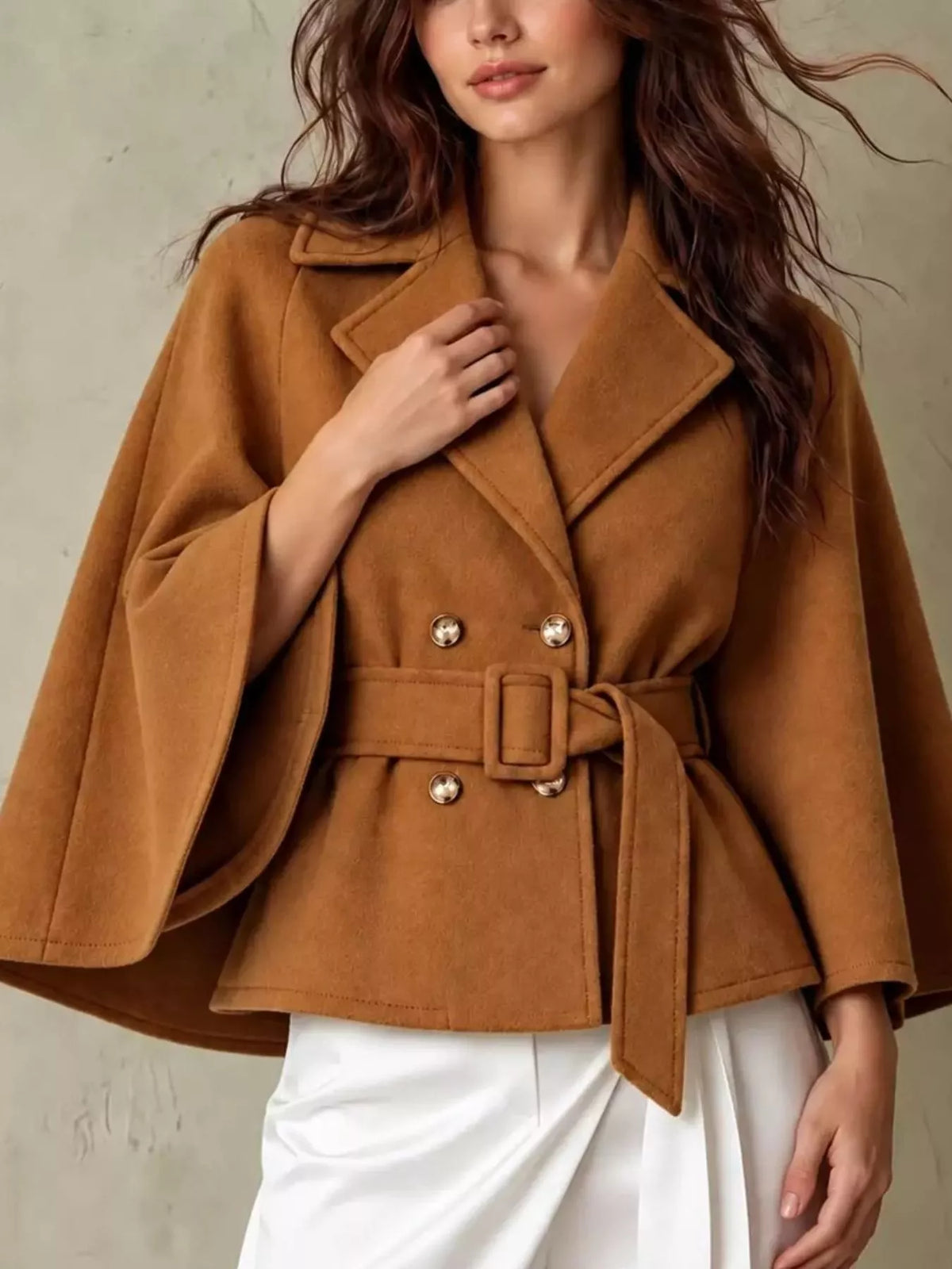 double-breasted cape outerwear with belt | dropsona - neutral - close-up detail