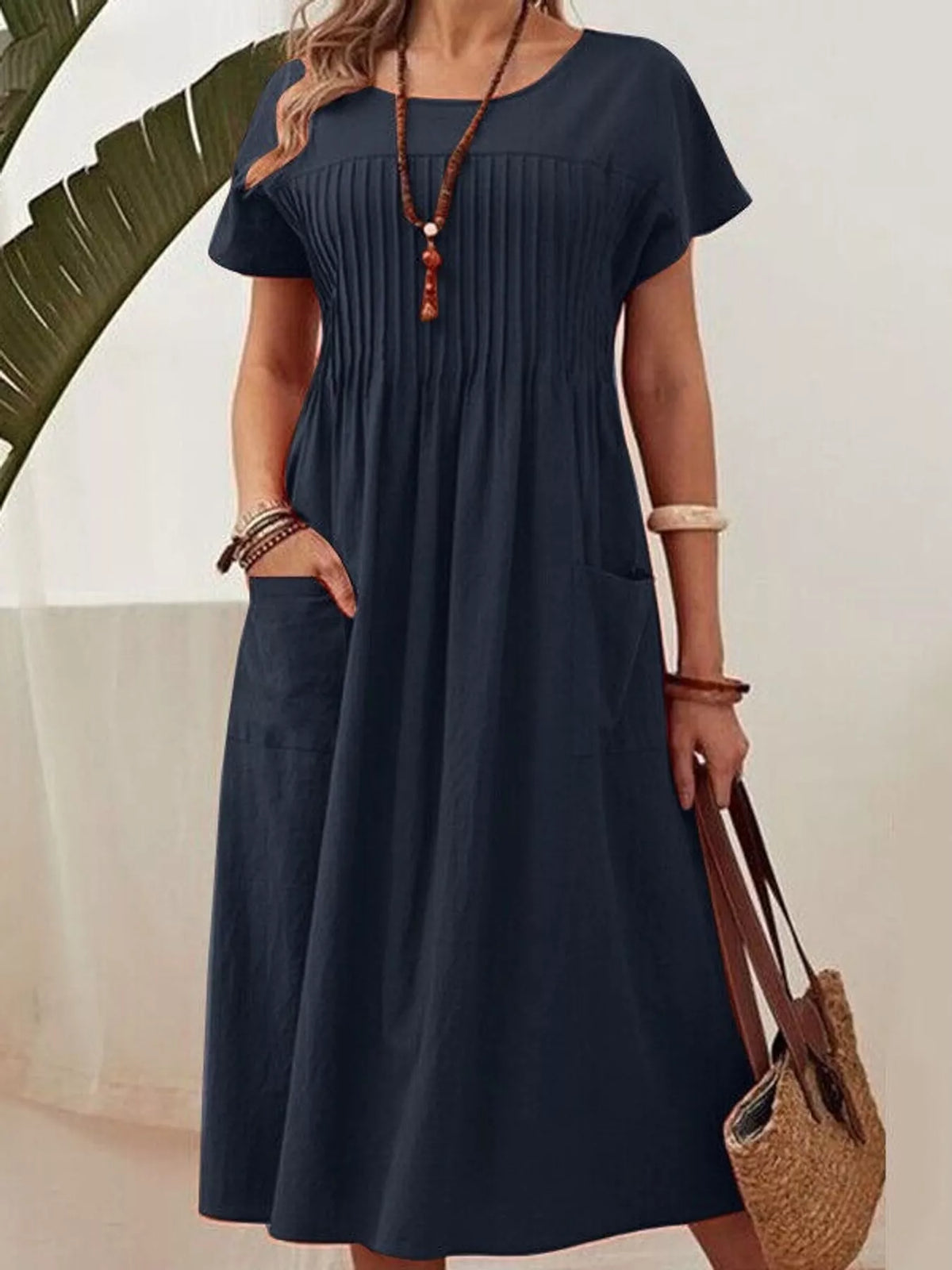 full size elegant pleated casual midi dress with | dropsona - neutral - everyday use