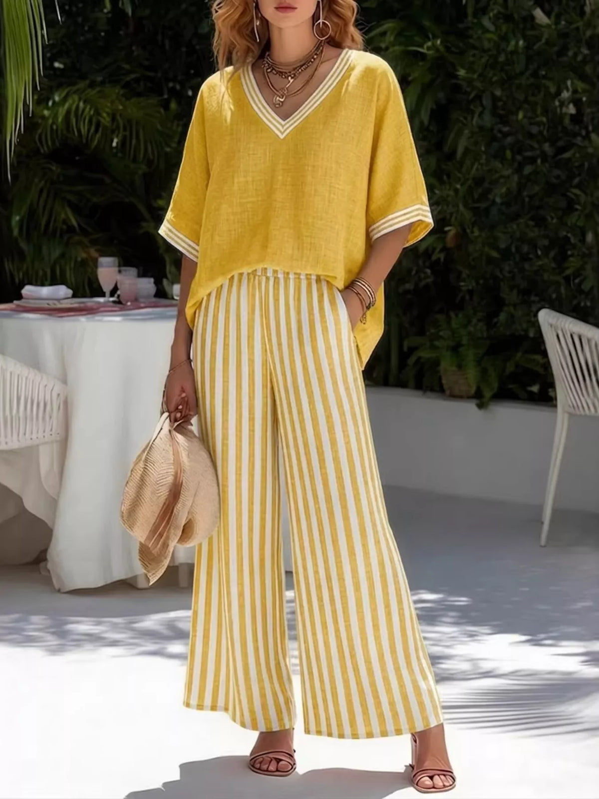 full size v-neck striped top and pants two-piece set | dropsona - neutral - close-up detail