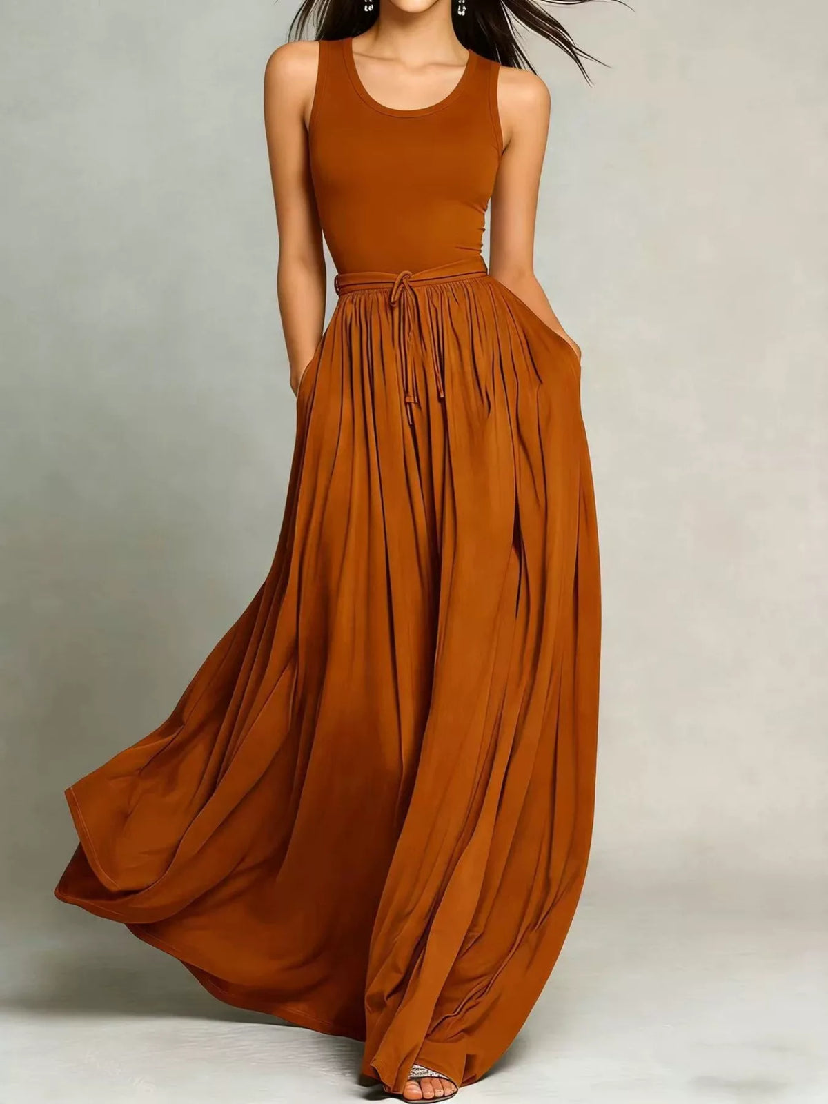 sleeveless solid color maxi dress | dropsona - neutral - front view
