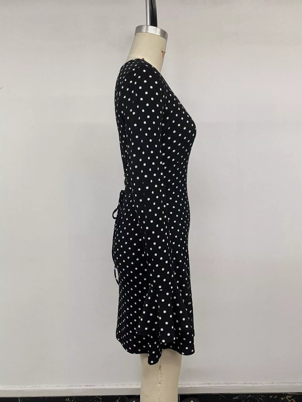 polka dot long sleeve ruffle hem mini dress | dropsona - neutral - packaging