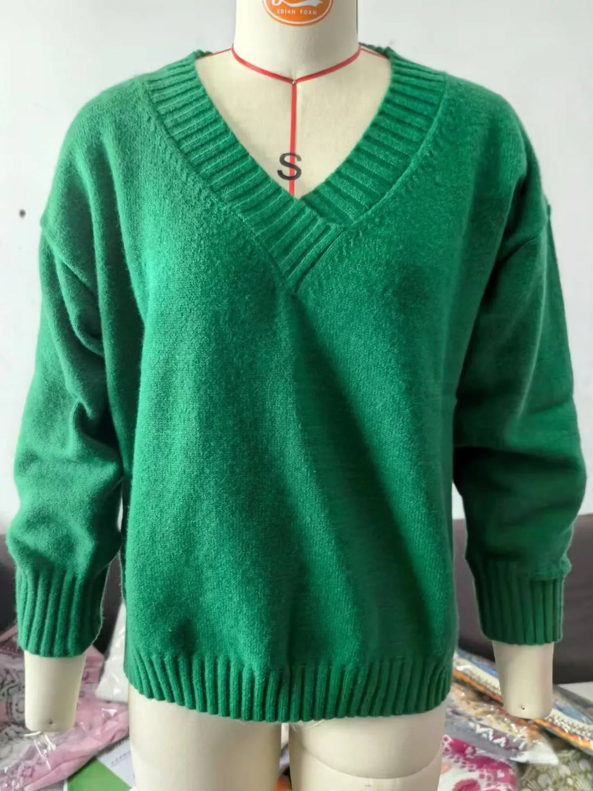 full size v-neck dropped shoulder sweater plus | dropsona - neutral - close-up detail