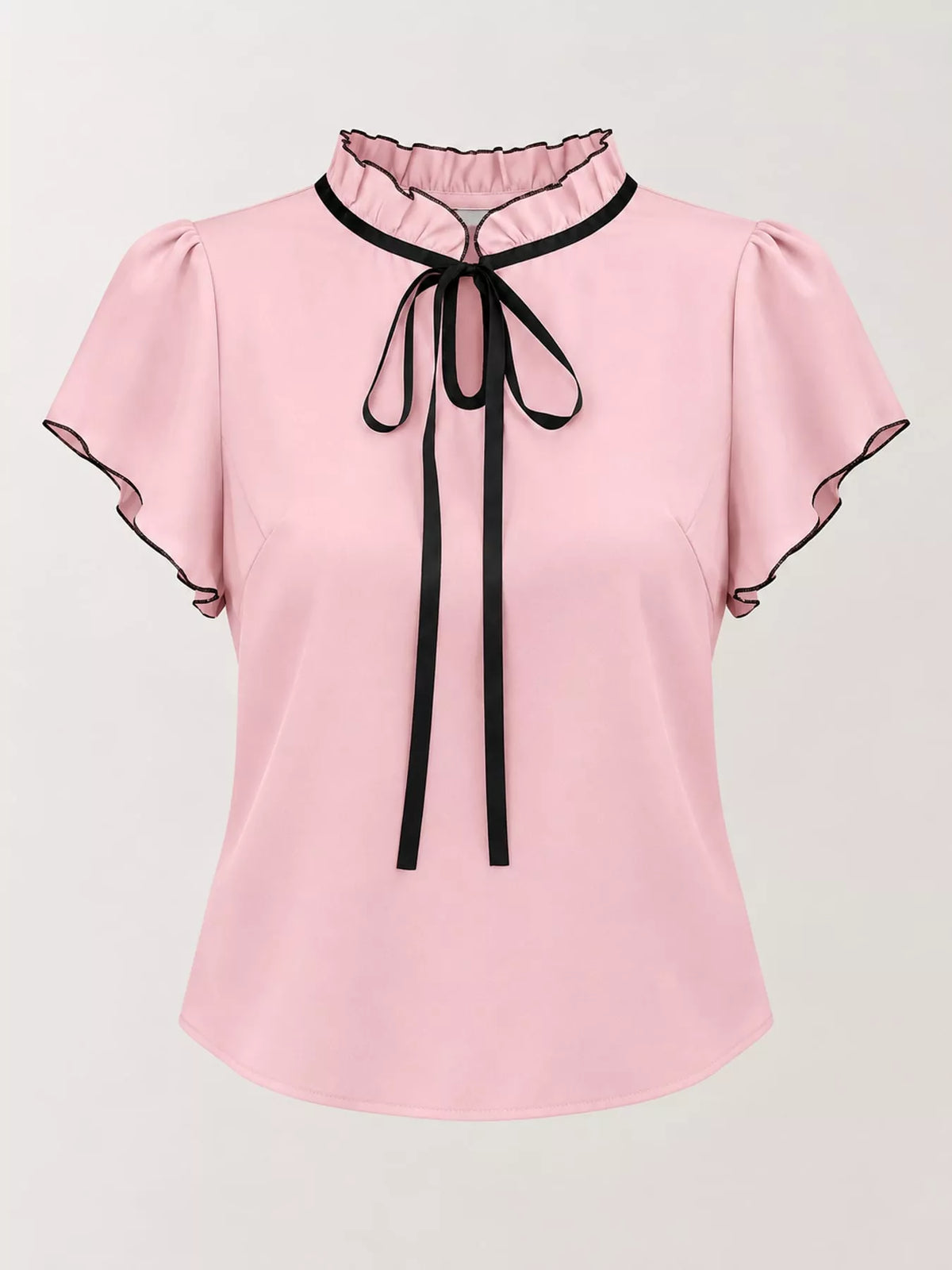 contrast trim ruffle sleeve tie-front blouse | dropsona - neutral - front view
