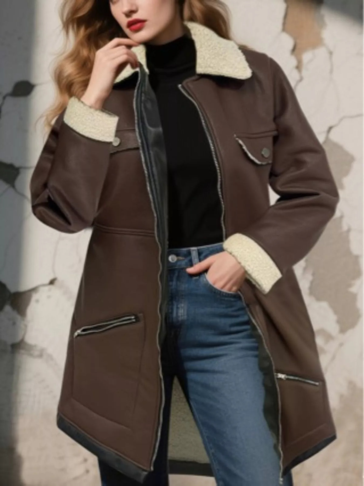 zip up sherpa leather outerwear – pocketed,zipper | dropsona - neutral - front view