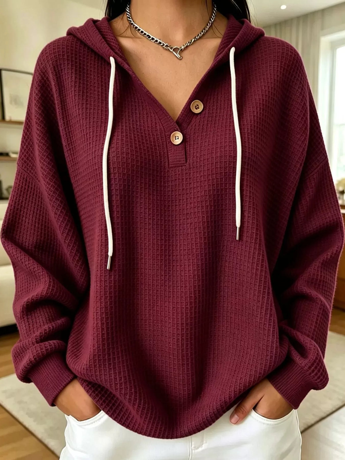 full size waffle knit button detail hoodie plus | dropsona - neutral - packaging
