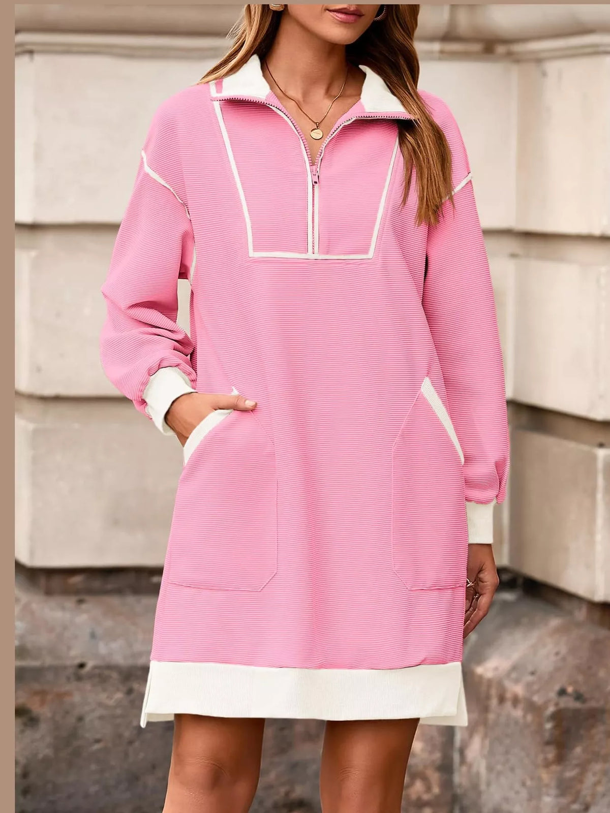 color block quarter-zip sweatshirt dress | dropsona - neutral - material texture