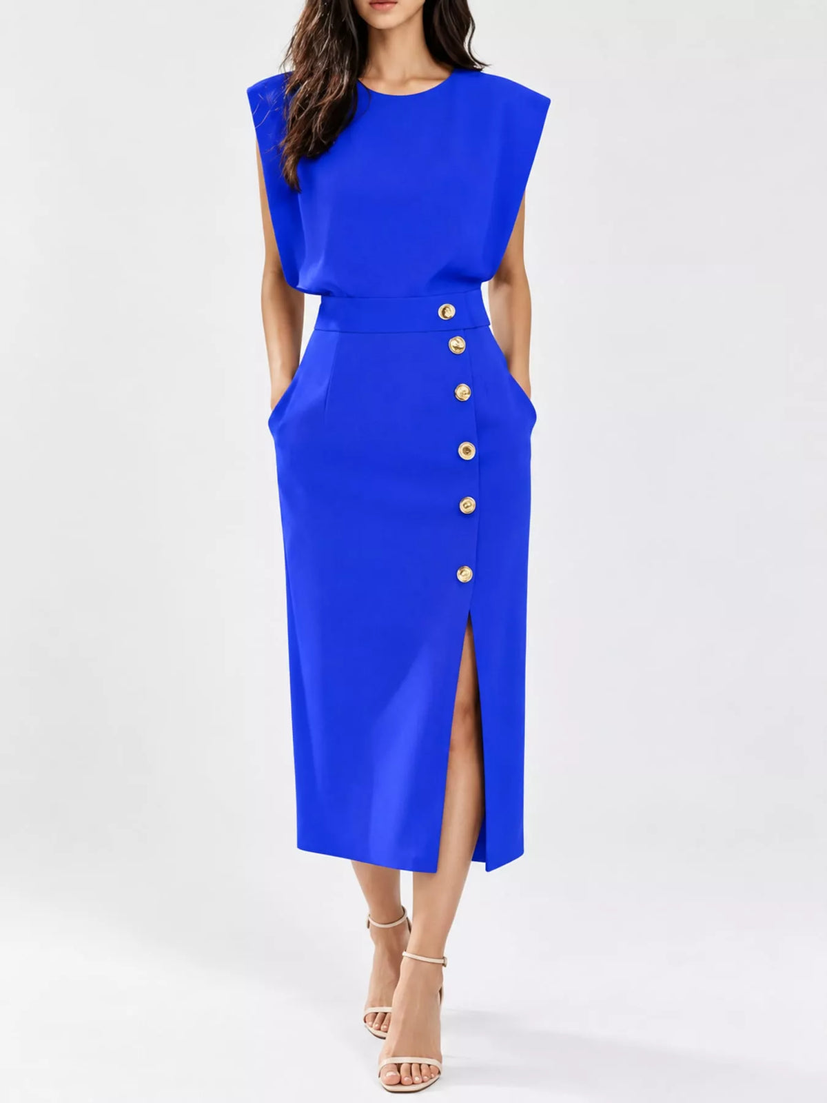sleeveless midi dress with gold button detail and | dropsona - neutral - size reference