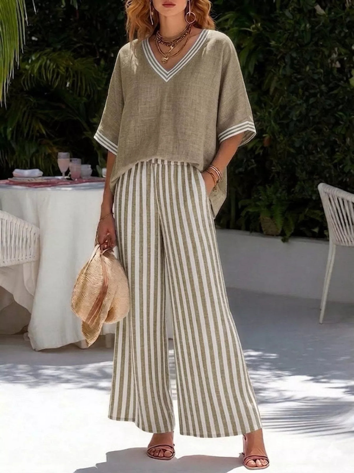 full size v-neck striped top and pants two-piece set | dropsona - neutral - front view