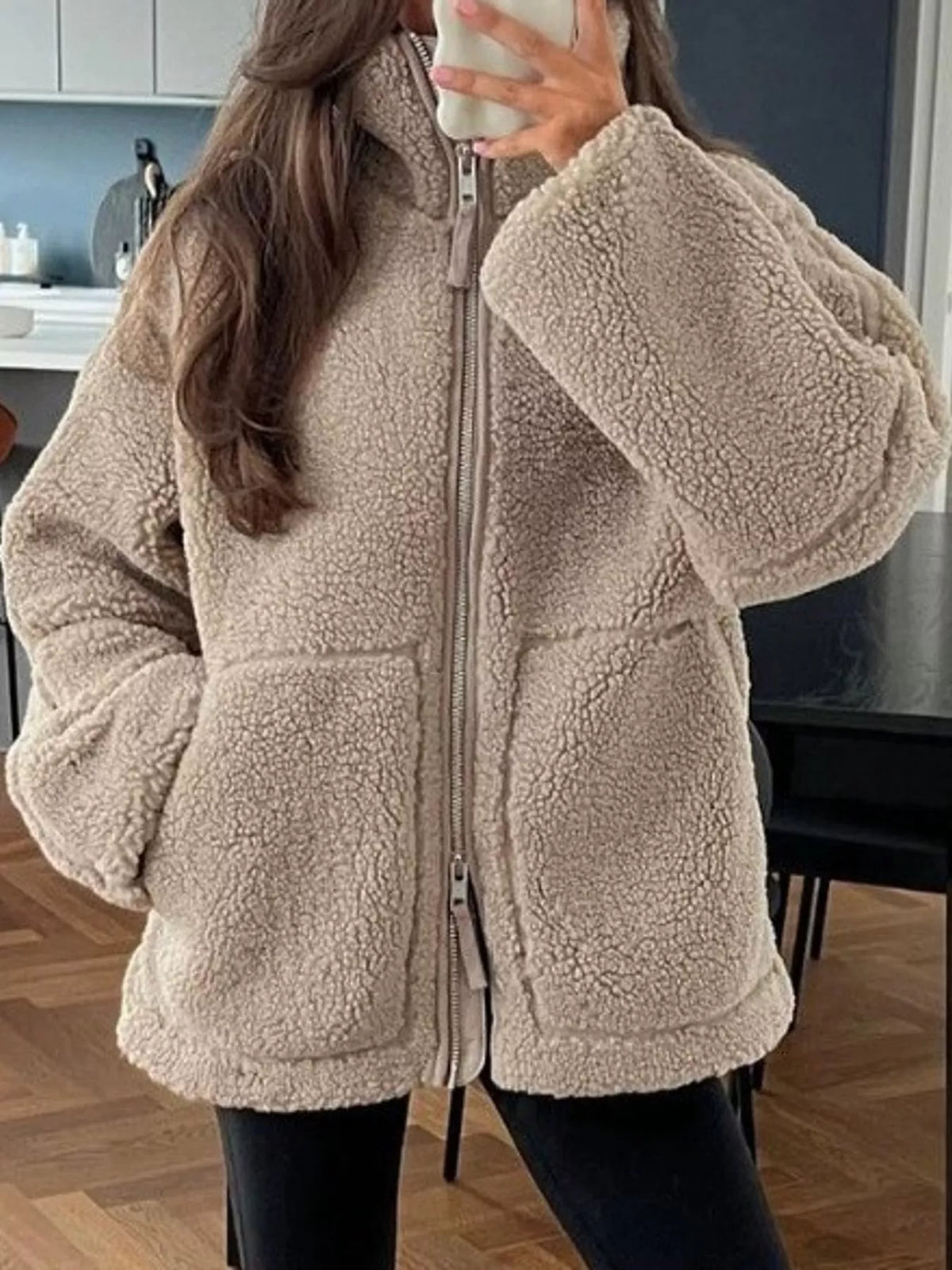 sherpa zip-up outerwear | dropsona - neutral - front view