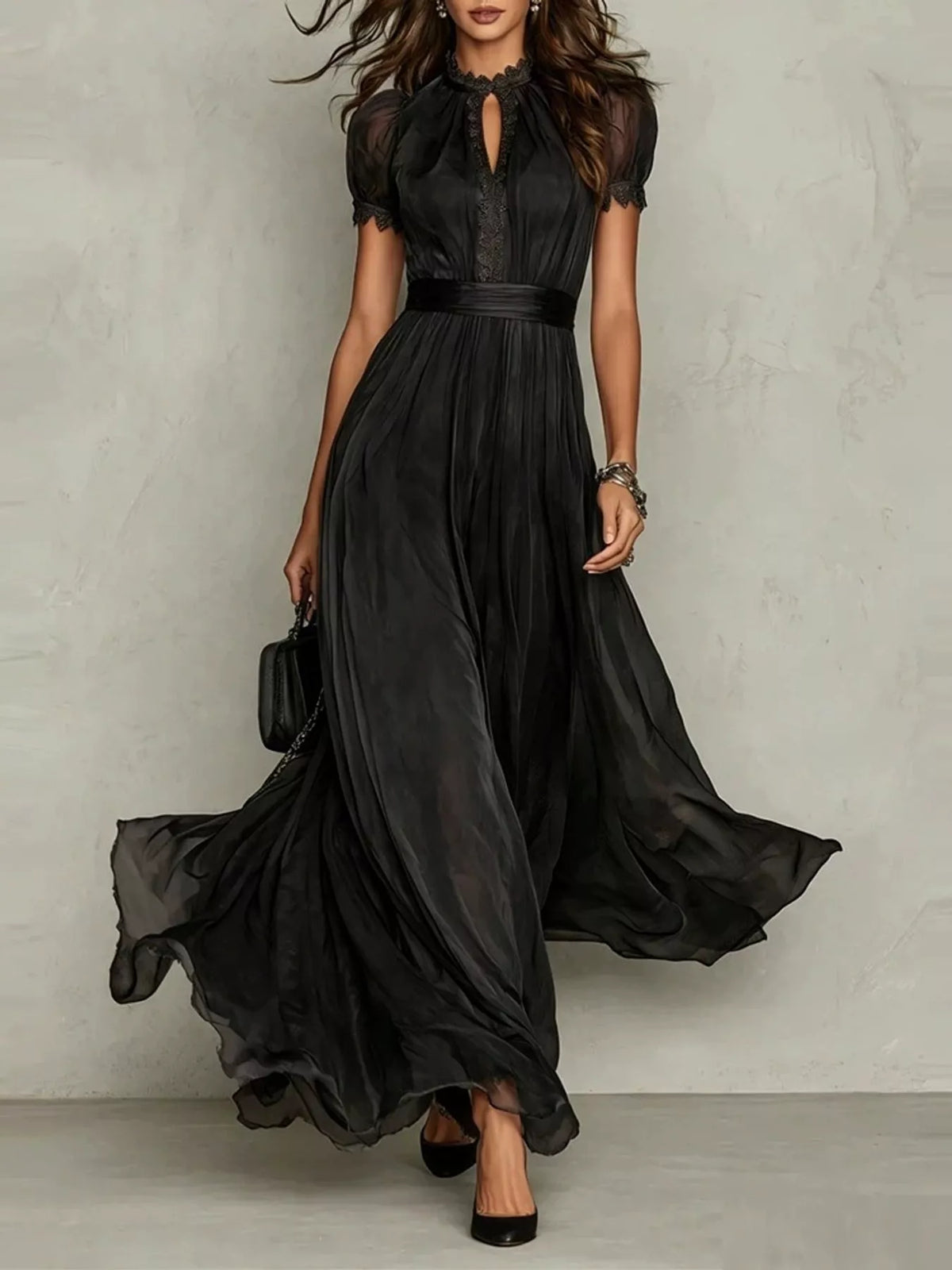 full size elegant sheer chiffon mock-neck maxi dress | dropsona - neutral - usage example