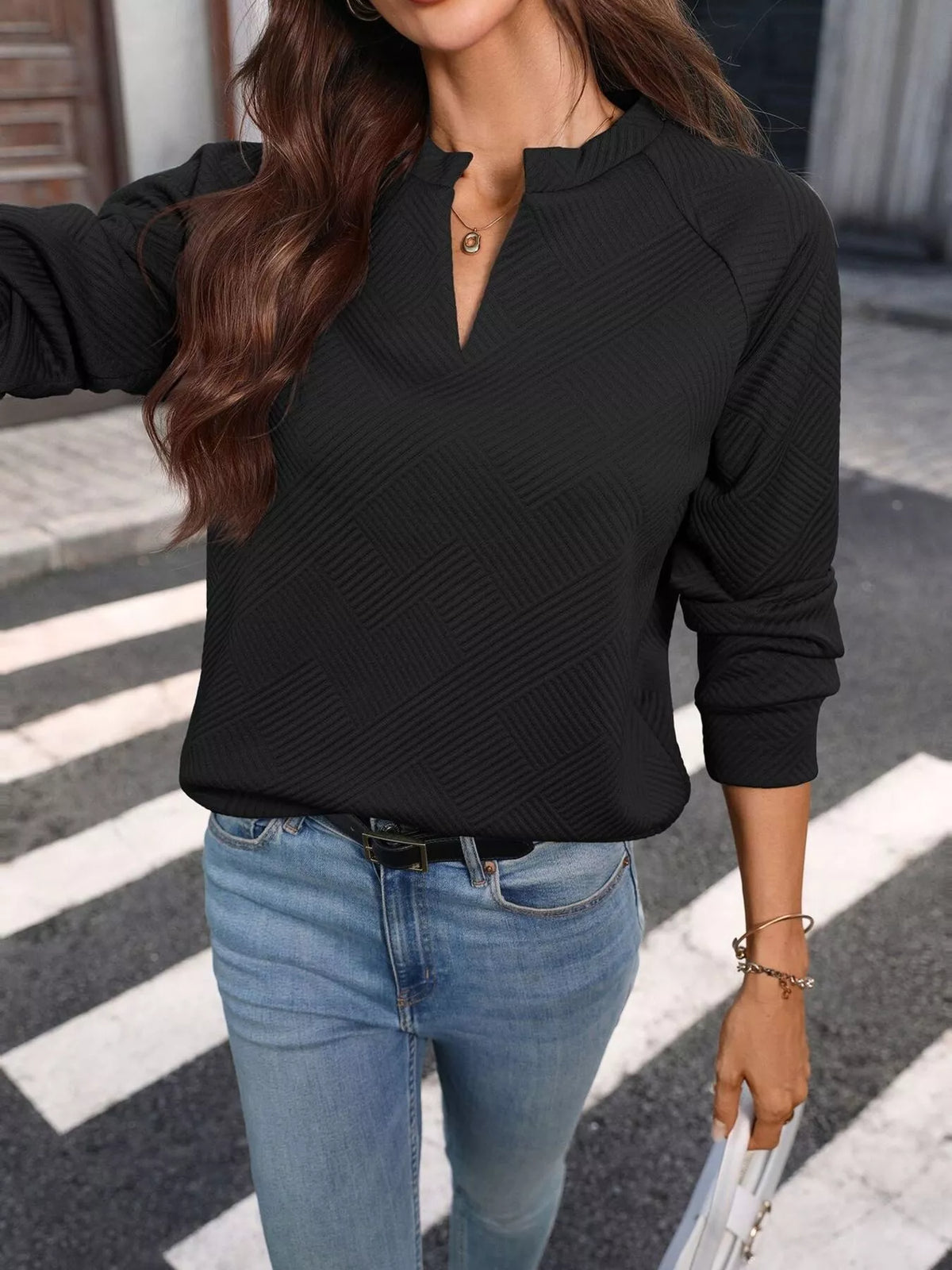 textured notched long sleeve sweatshirt – basic style | dropsona - neutral - usage example