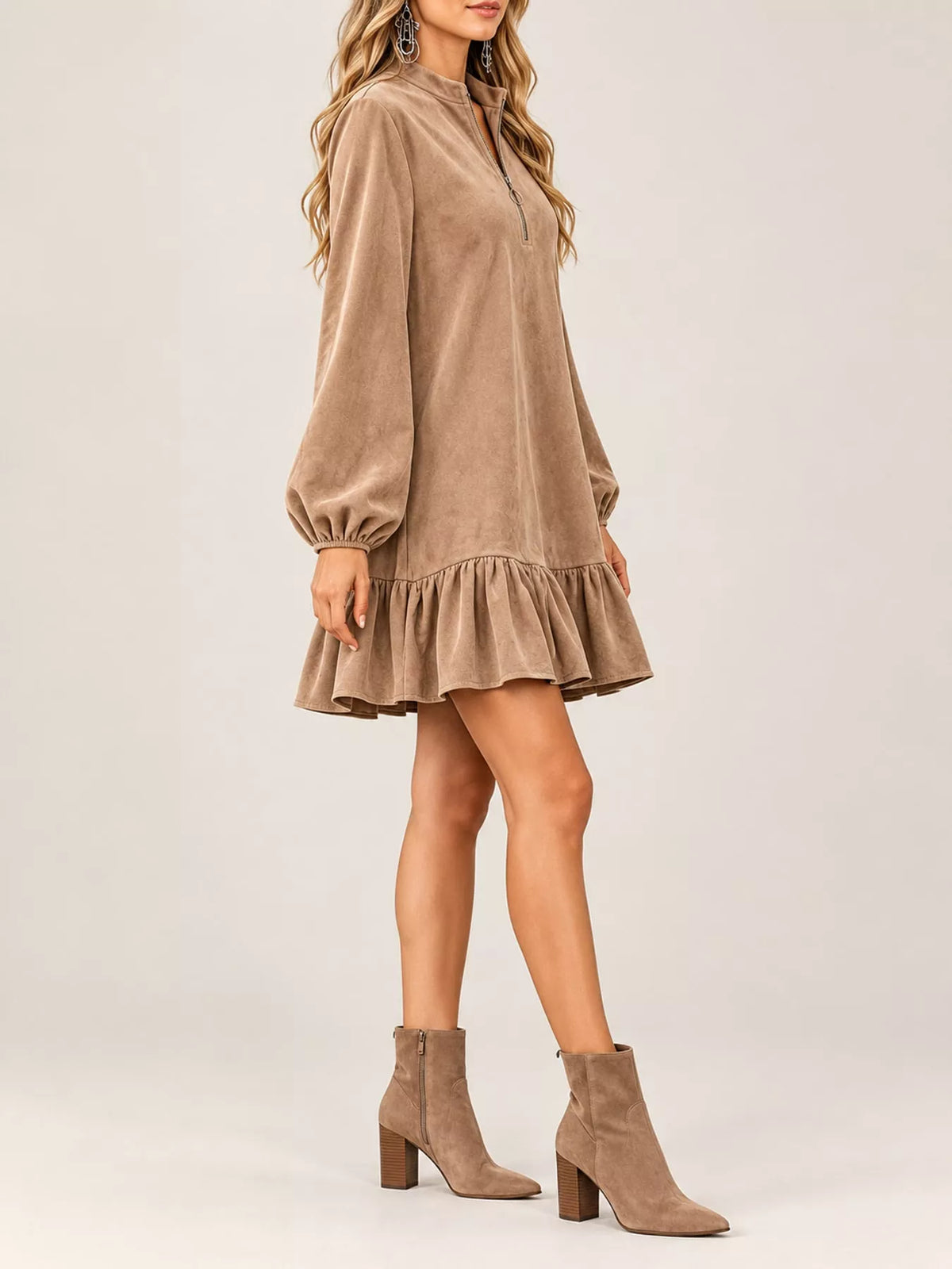 quarter-zip ruffle hem mini dress | dropsona - neutral - usage example