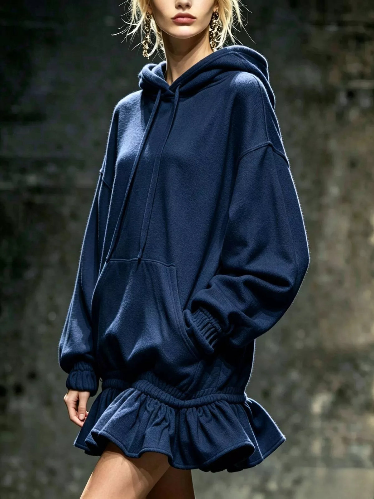 casual chic hoodie sweatshirt mini dress with ruffled | dropsona - neutral - front view