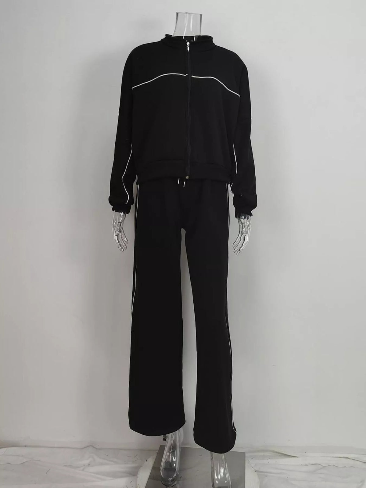 full size zip-up jacket and wide-leg pants set plus | dropsona - neutral - material texture