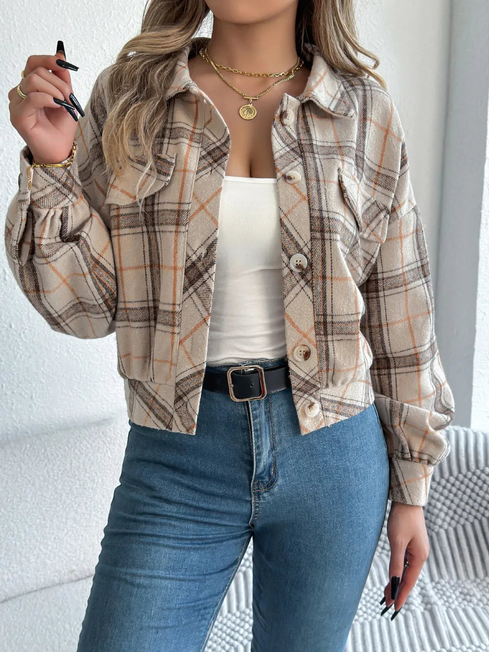 plaid button up long sleeve jacket – buttoned | dropsona - neutral - packaging