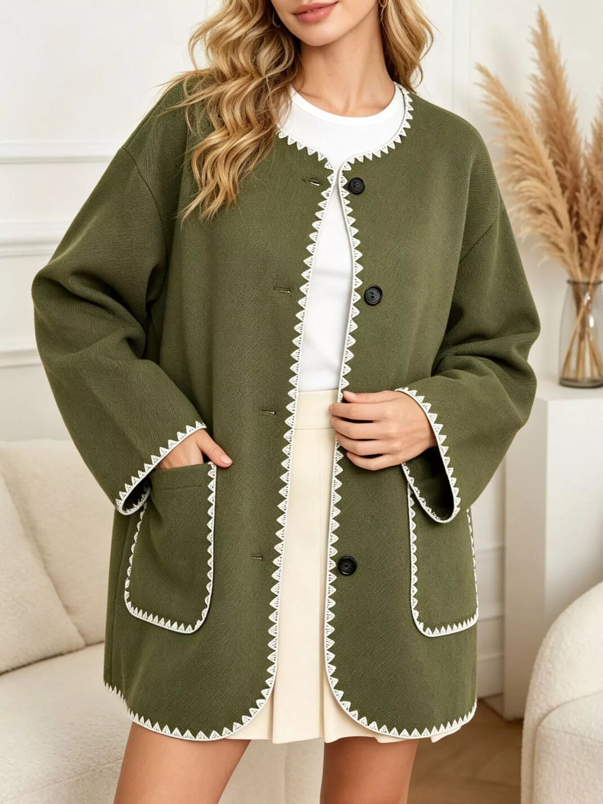 contrast trim button-front outerwear | dropsona - neutral - everyday use
