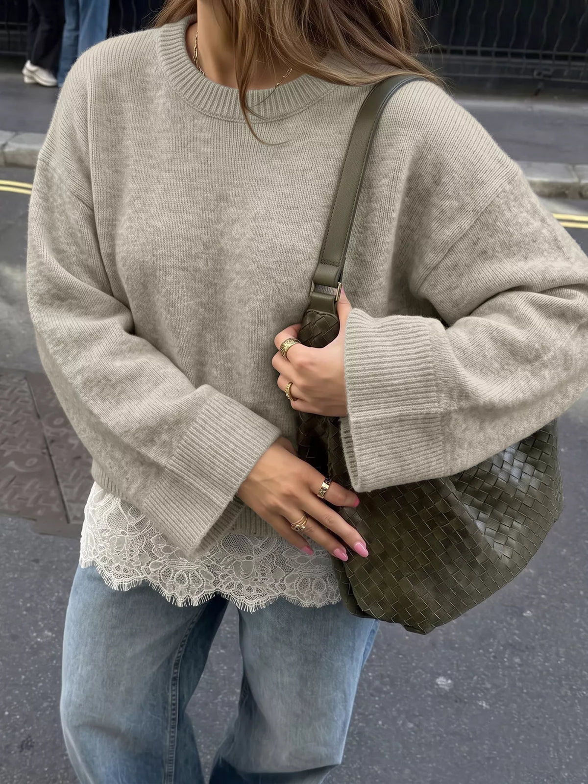 layered lace hem crew neck sweater – detail | dropsona - neutral - close-up detail