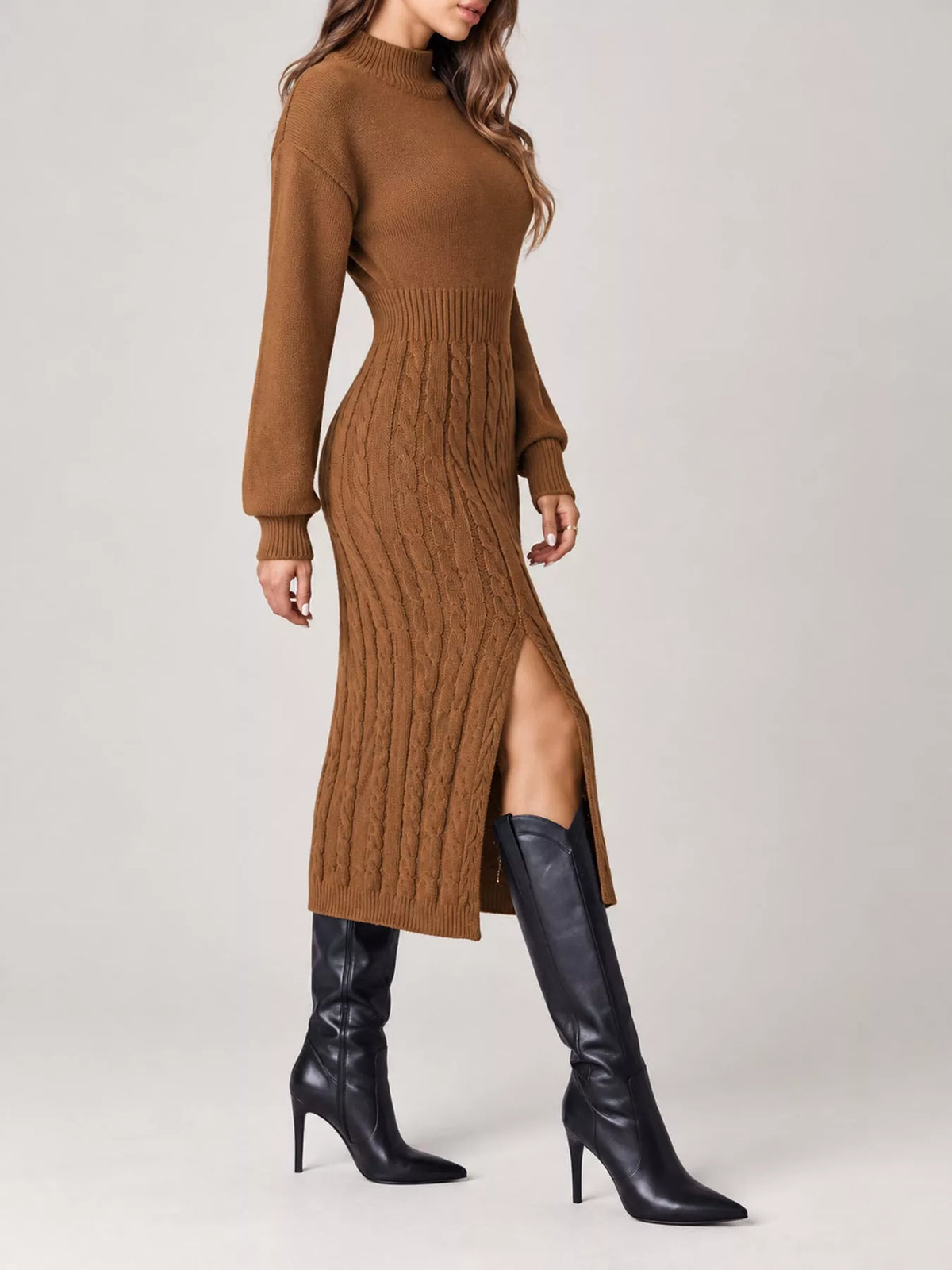 full size mock neck cable knit sweater dress with | dropsona - neutral - size reference