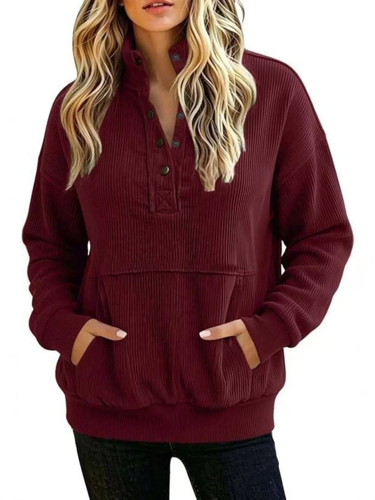 full size quarter snap kangaroo pocket sweatshirt | dropsona - neutral - size reference