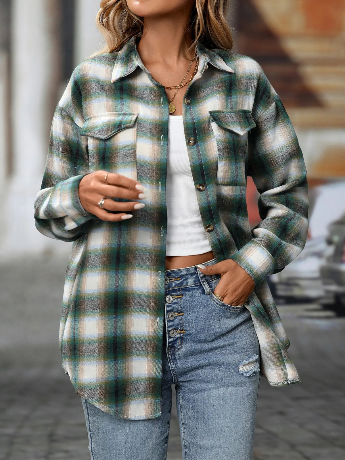 oversized plaid button-up shirt - front view