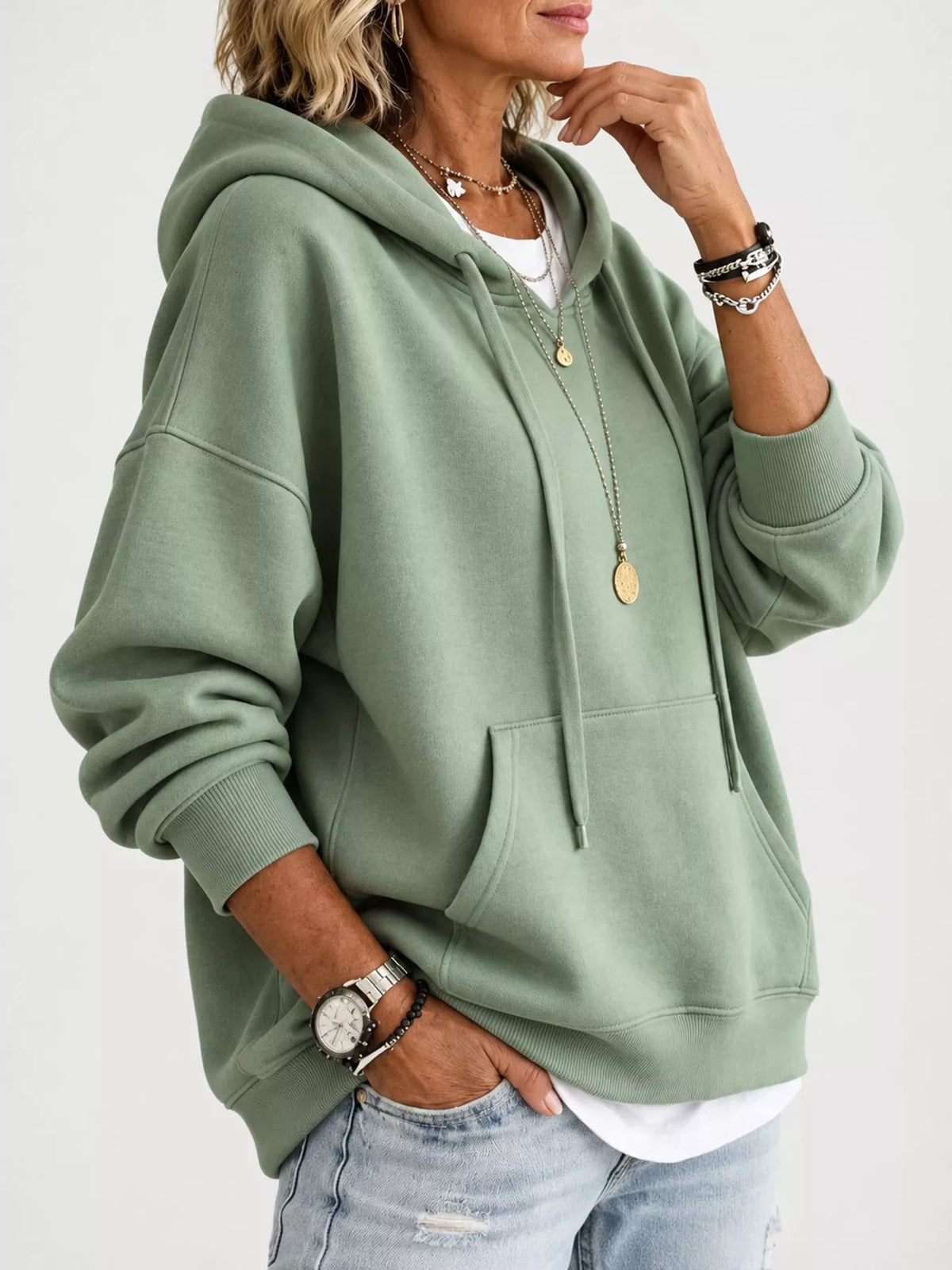 drawstring dropped shoulder hoodie | dropsona - neutral - usage example