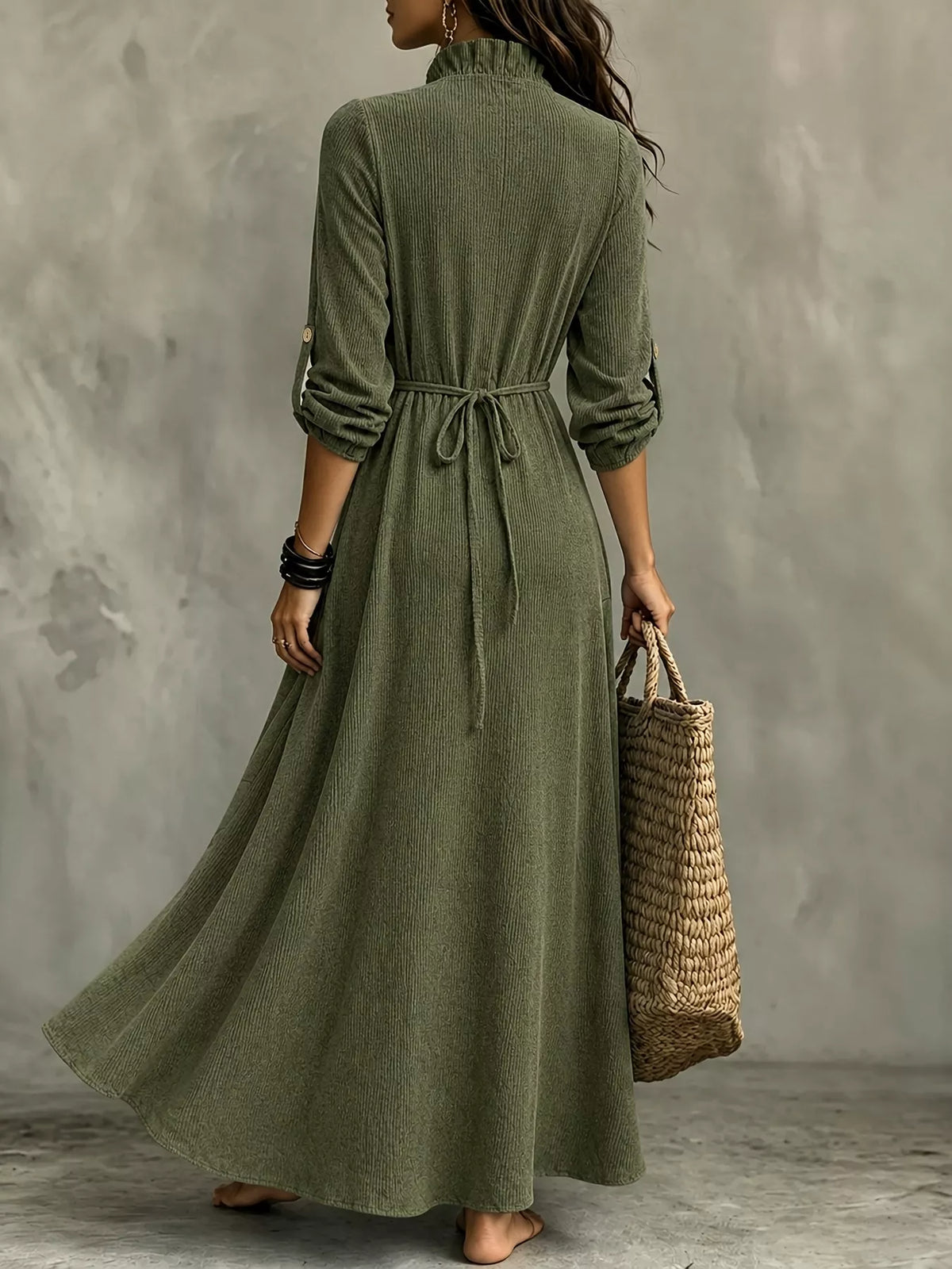 full size frill v-neck long sleeve maxi dress plus | dropsona - neutral - material texture