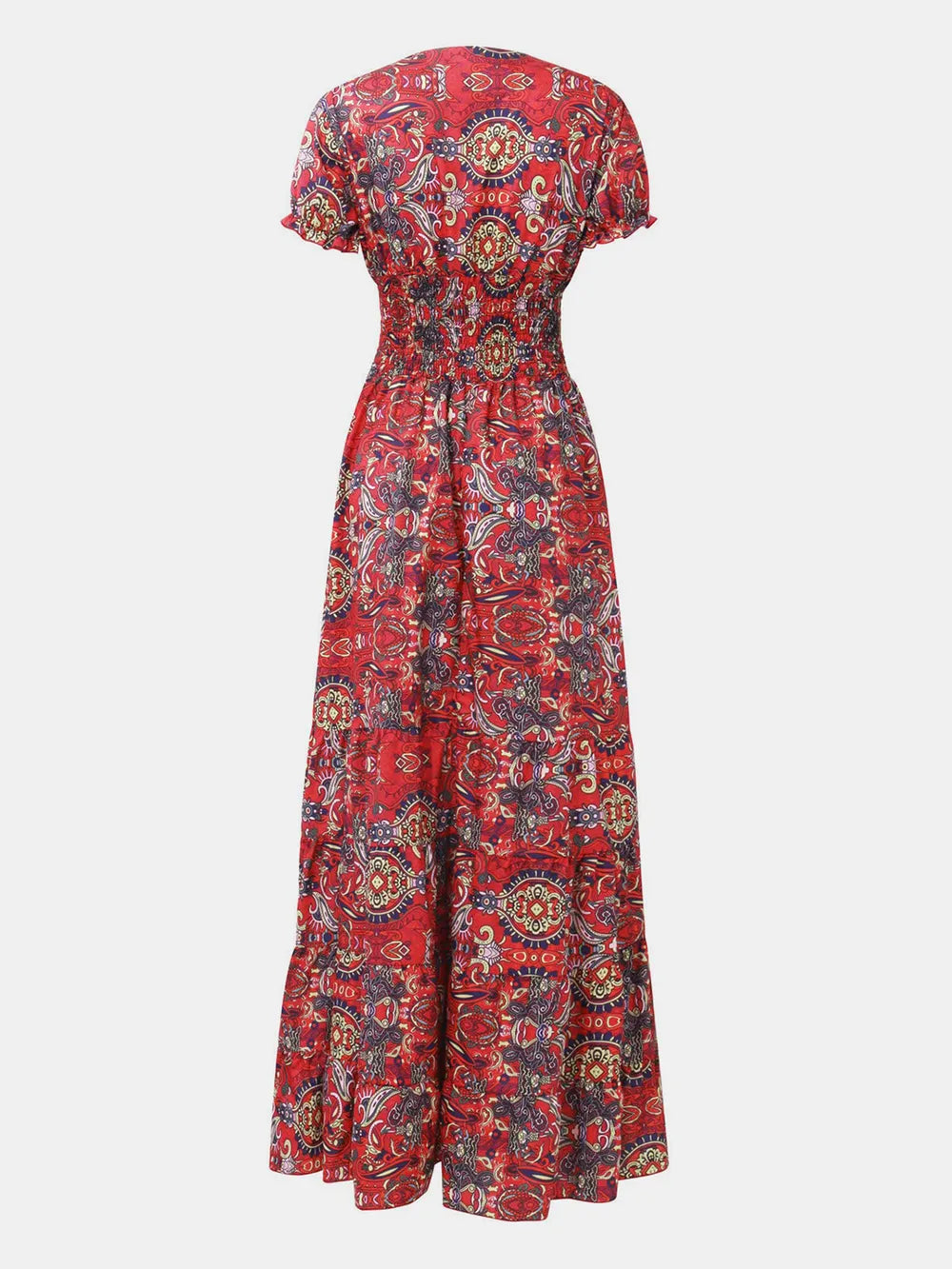 full size smocked printed v-neck short sleeve dress - size reference