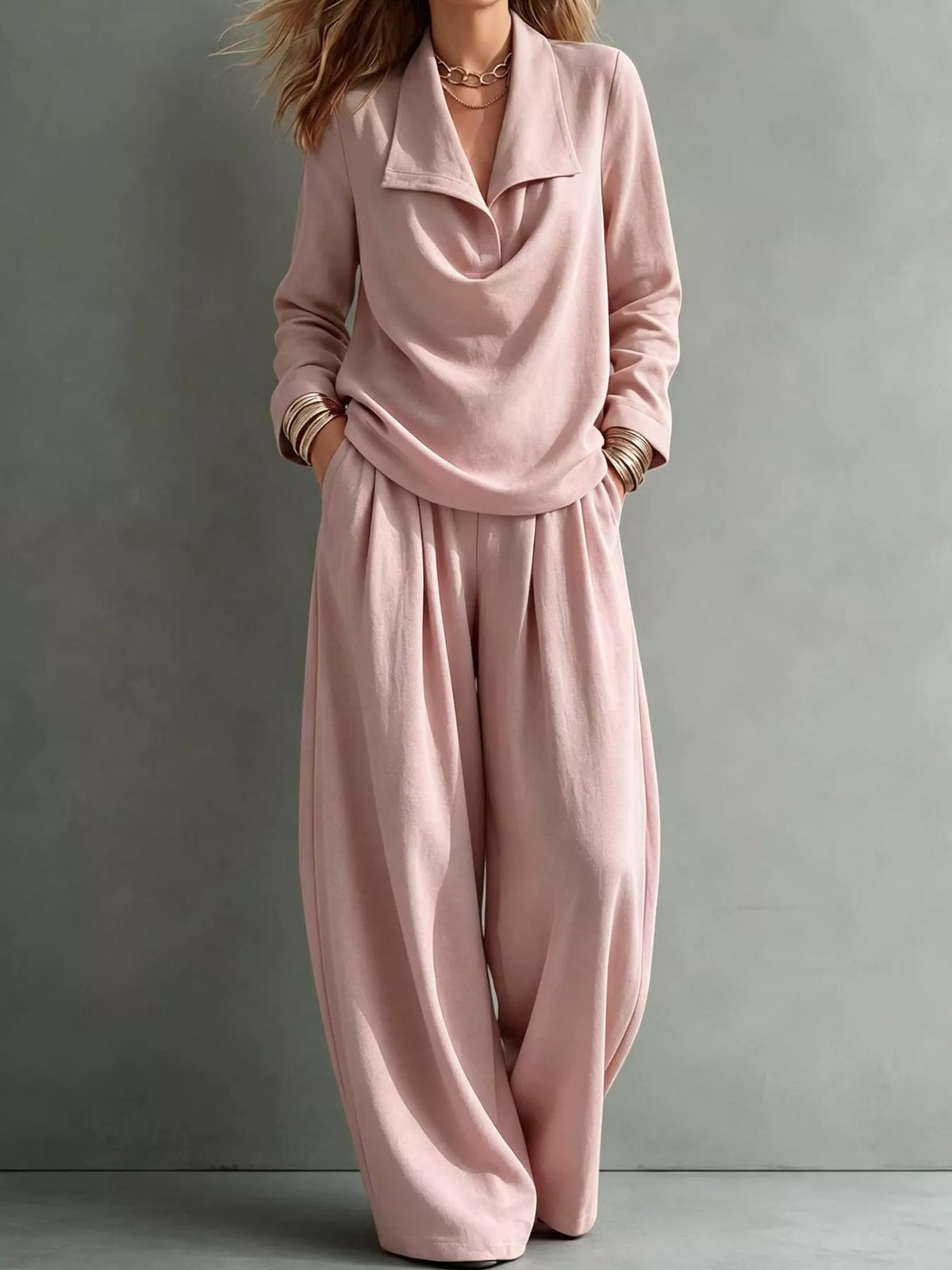 full size casual elegant top and wide-leg pants set | dropsona - neutral - packaging