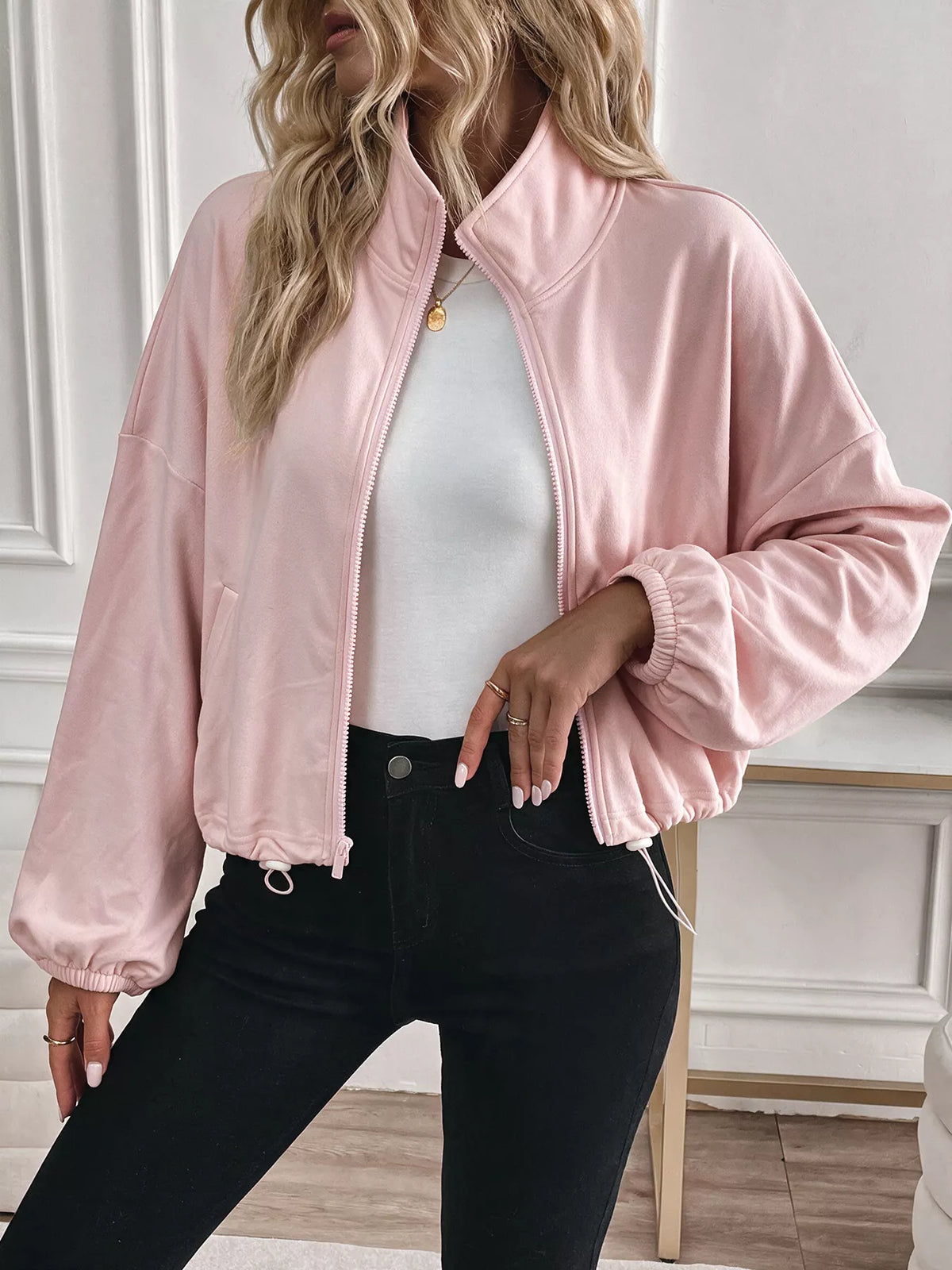 zip-up drawstring hem sweatshirt | dropsona - neutral - material texture