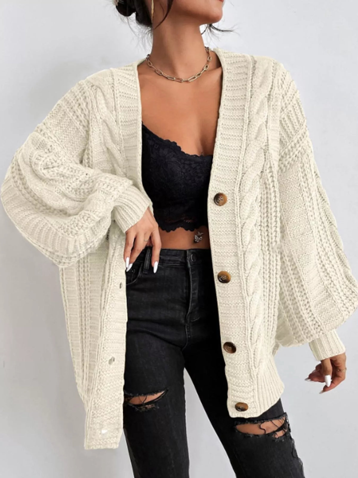 cable knit button-down cardigan | dropsona - neutral - usage example