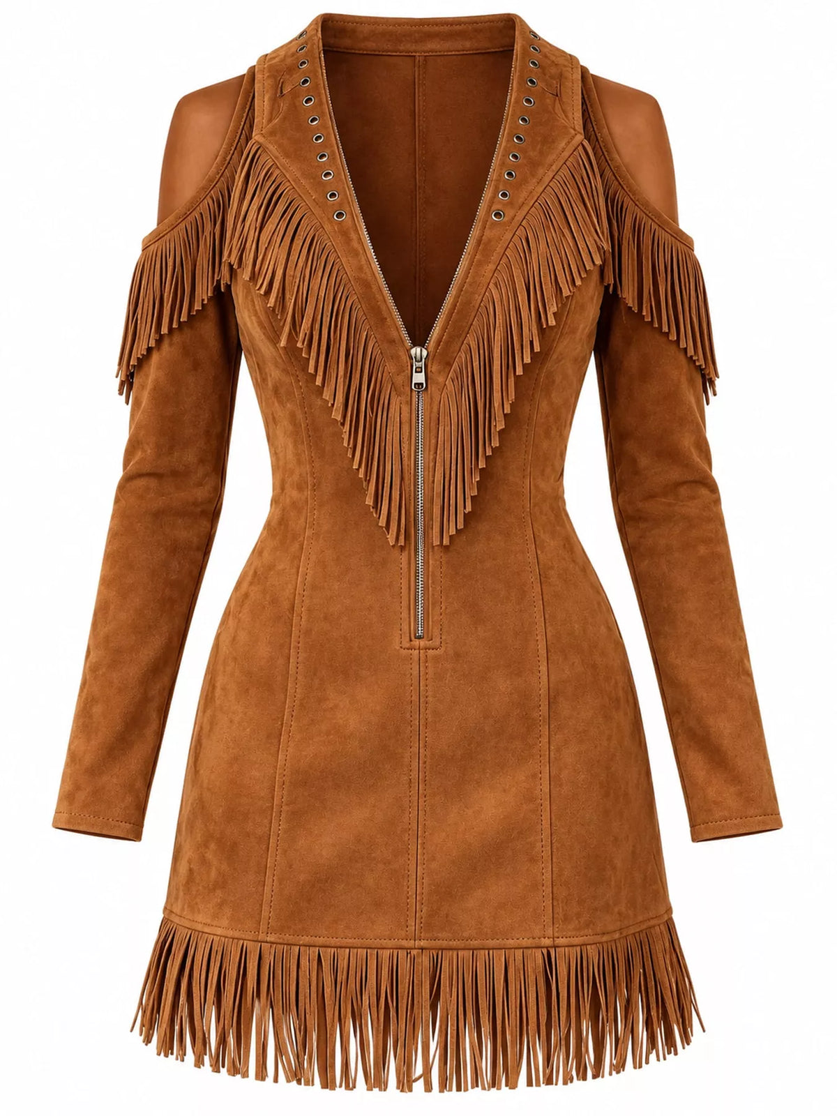 full size fringed cold-shoulder zip-front mini dress | dropsona - neutral - front view