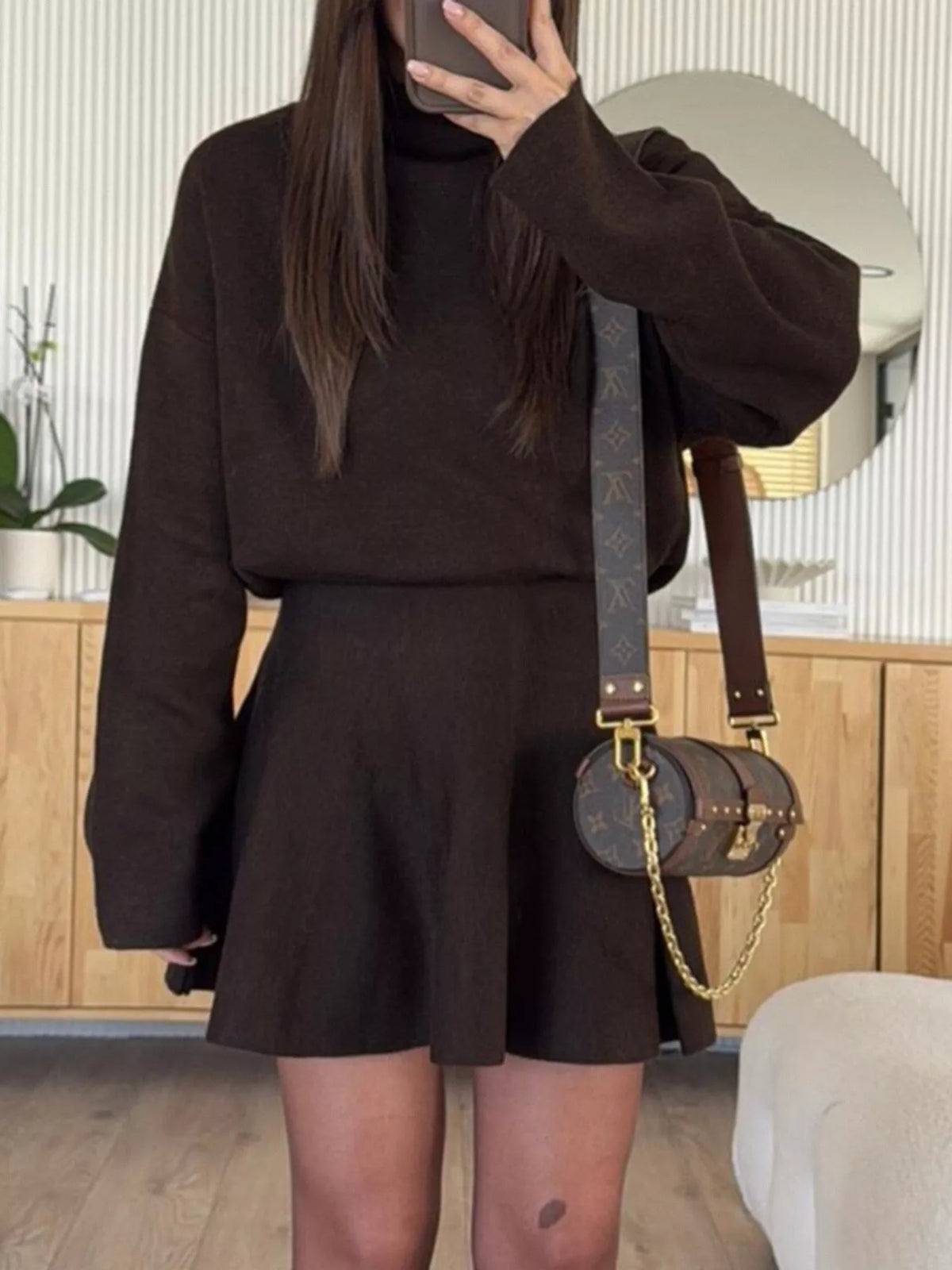 mock neck knit top and flared skirt set | dropsona - neutral - size reference
