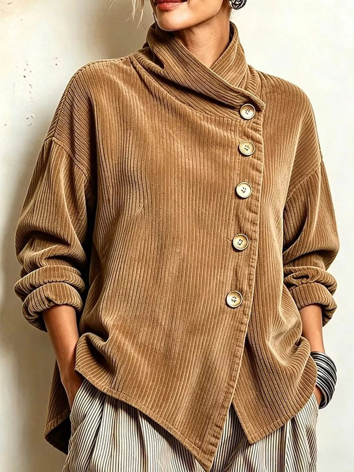full size asymmetric button-down corduroy jacket plus | dropsona - neutral - usage example