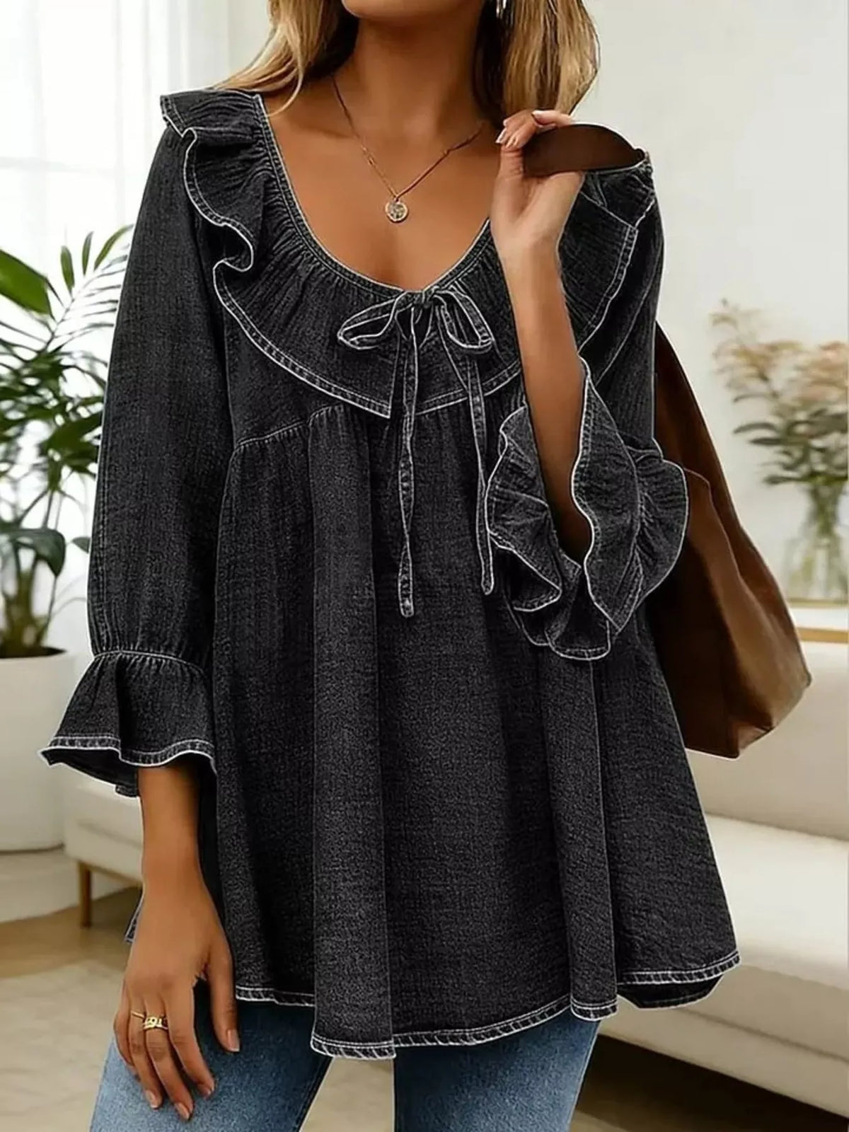 full size ruffled v-neck denim top with tie-front | dropsona - neutral - material texture