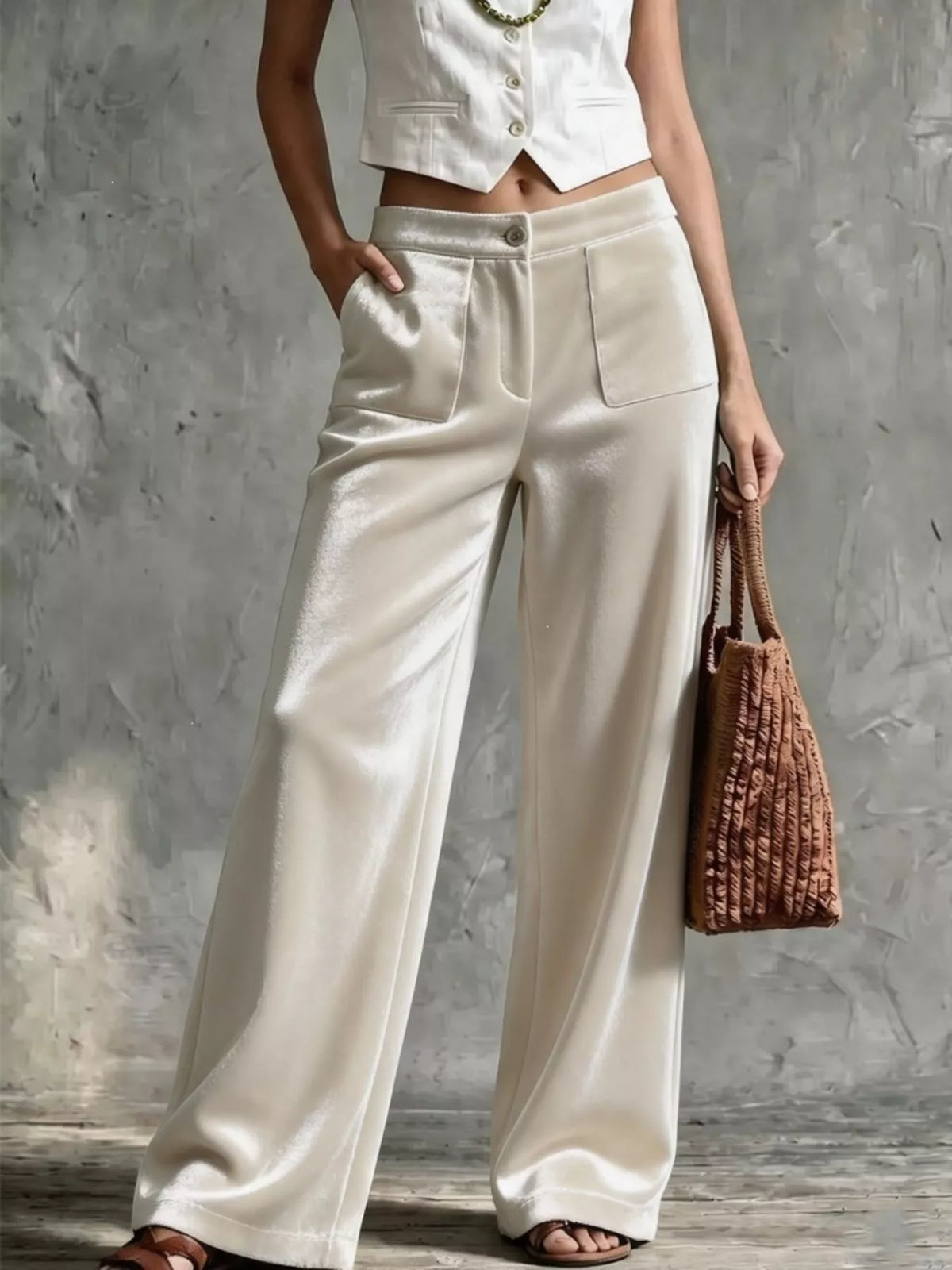 full size high-waisted wide-leg velvet pants with | dropsona - neutral - everyday use