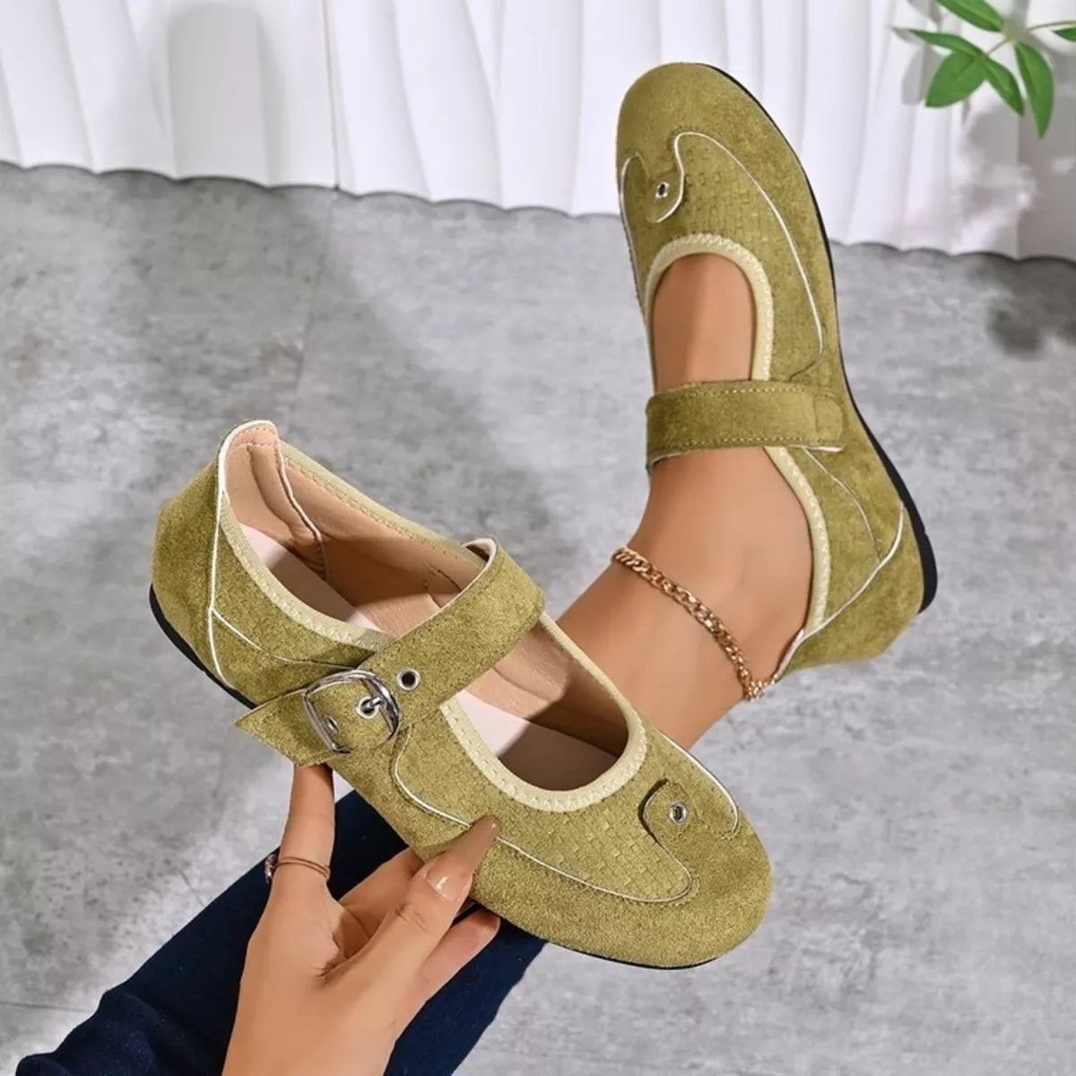 adjustable buckle strap slip-ons – classy ballet flats | dropsona - neutral - material texture