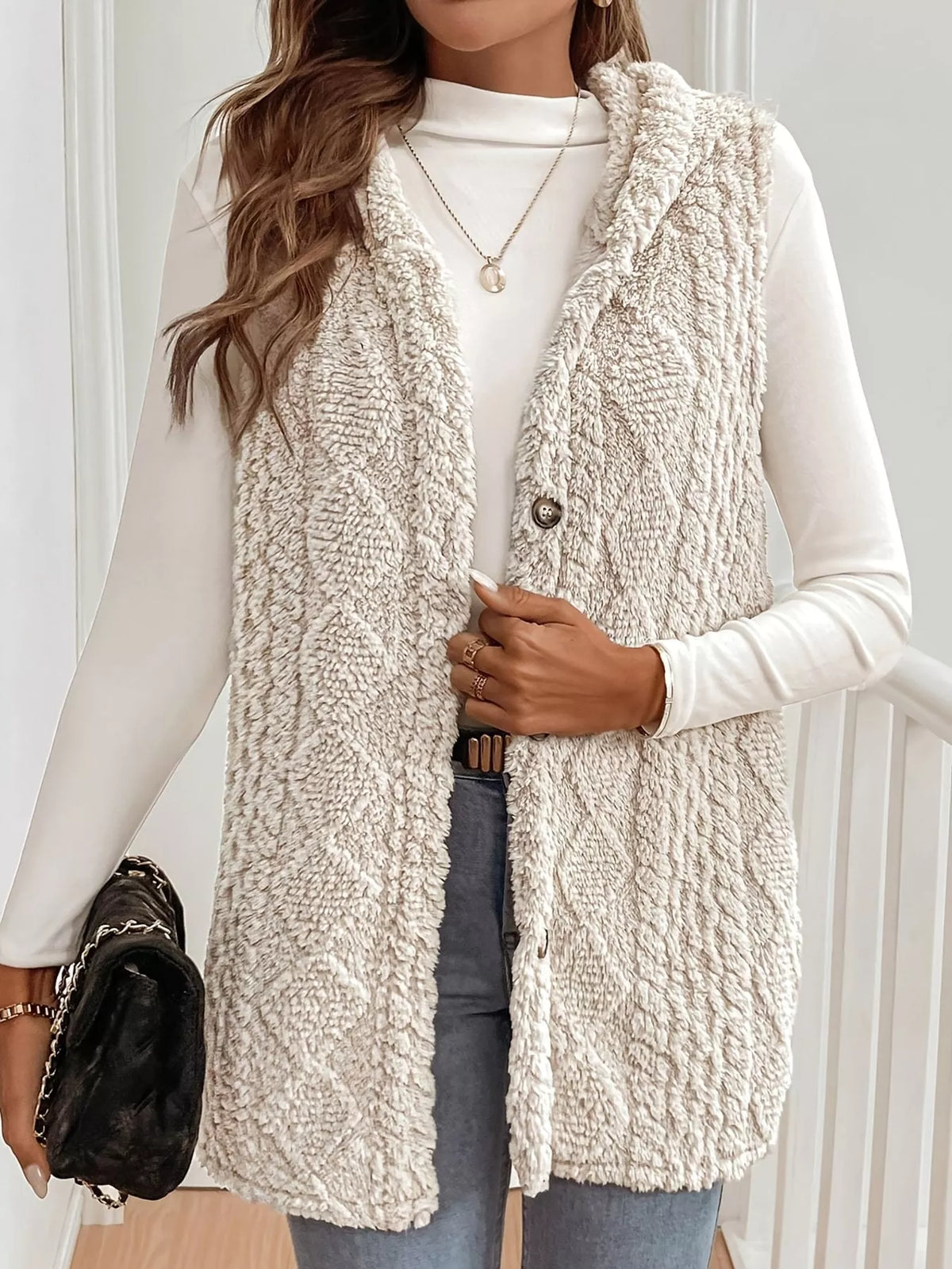 hooded sherpa vest coat – buttoned,thermal closure | dropsona - neutral - everyday use