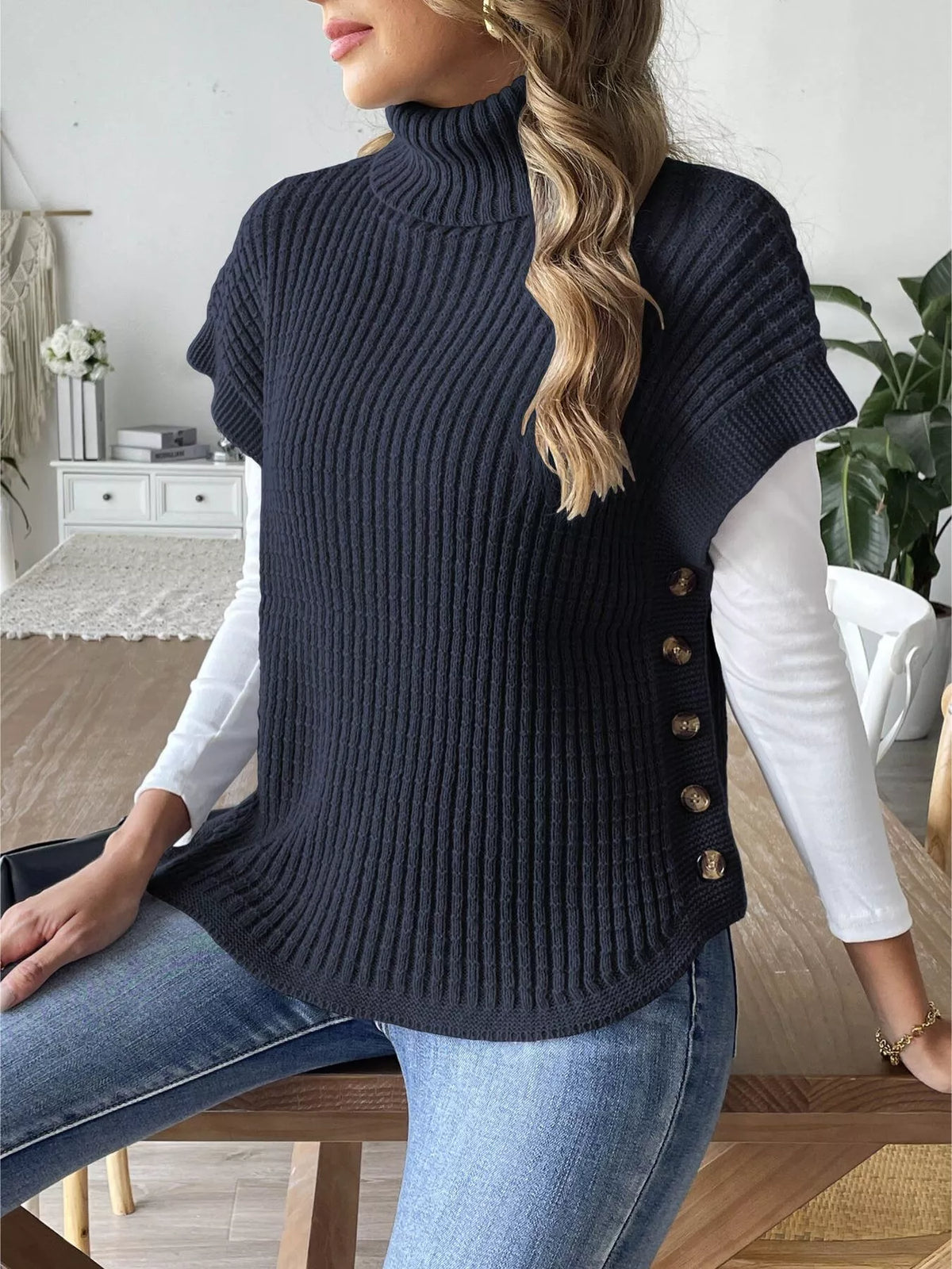 ribbed turtleneck sweater with side button detail | dropsona - neutral - packaging