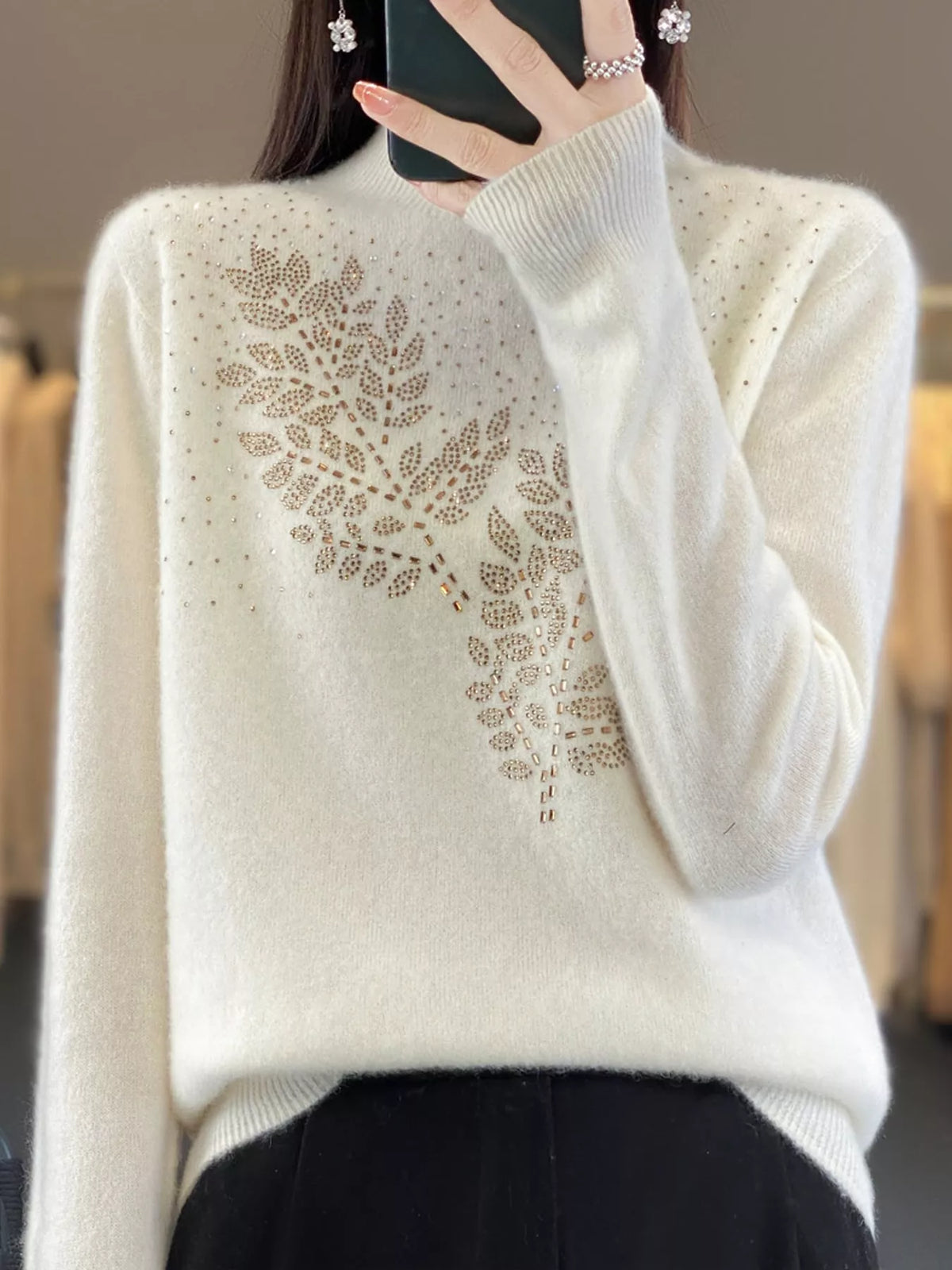 rhinestone leaf mock neck sweater | dropsona polyester - neutral - close-up detail