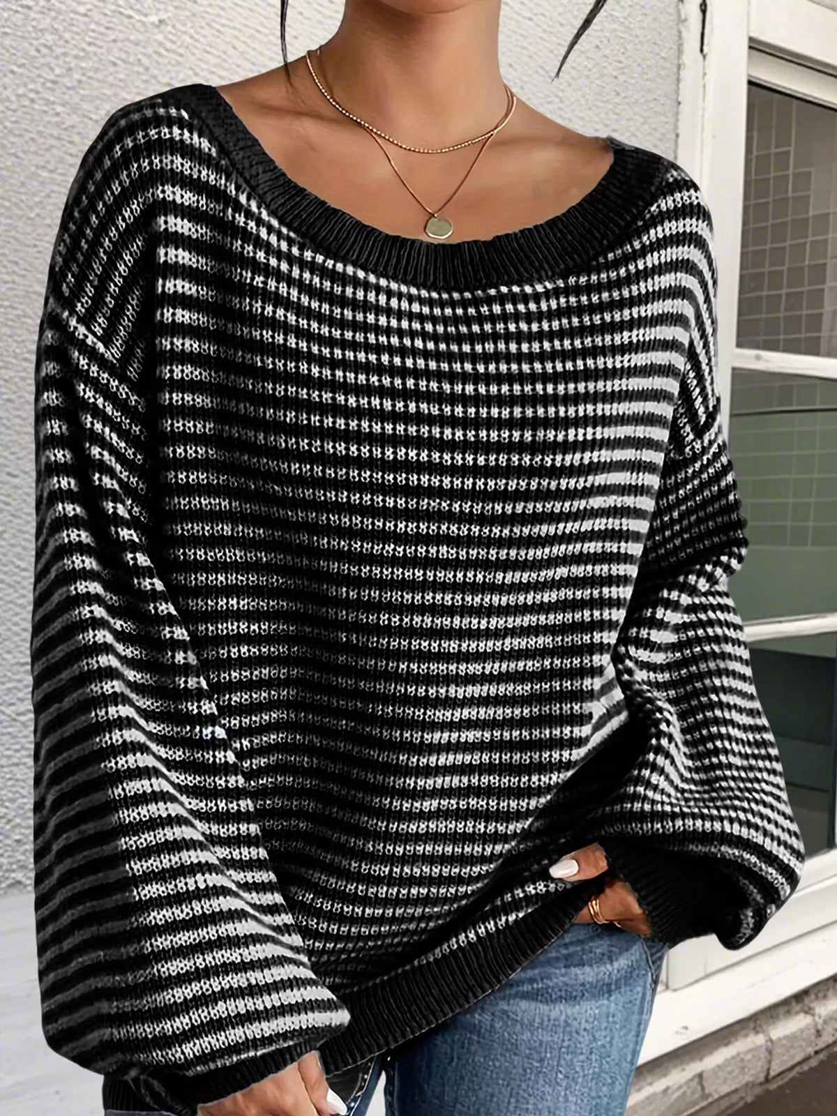 striped knit boat neck sweater – oversized,ribbed fit | dropsona - neutral - close-up detail