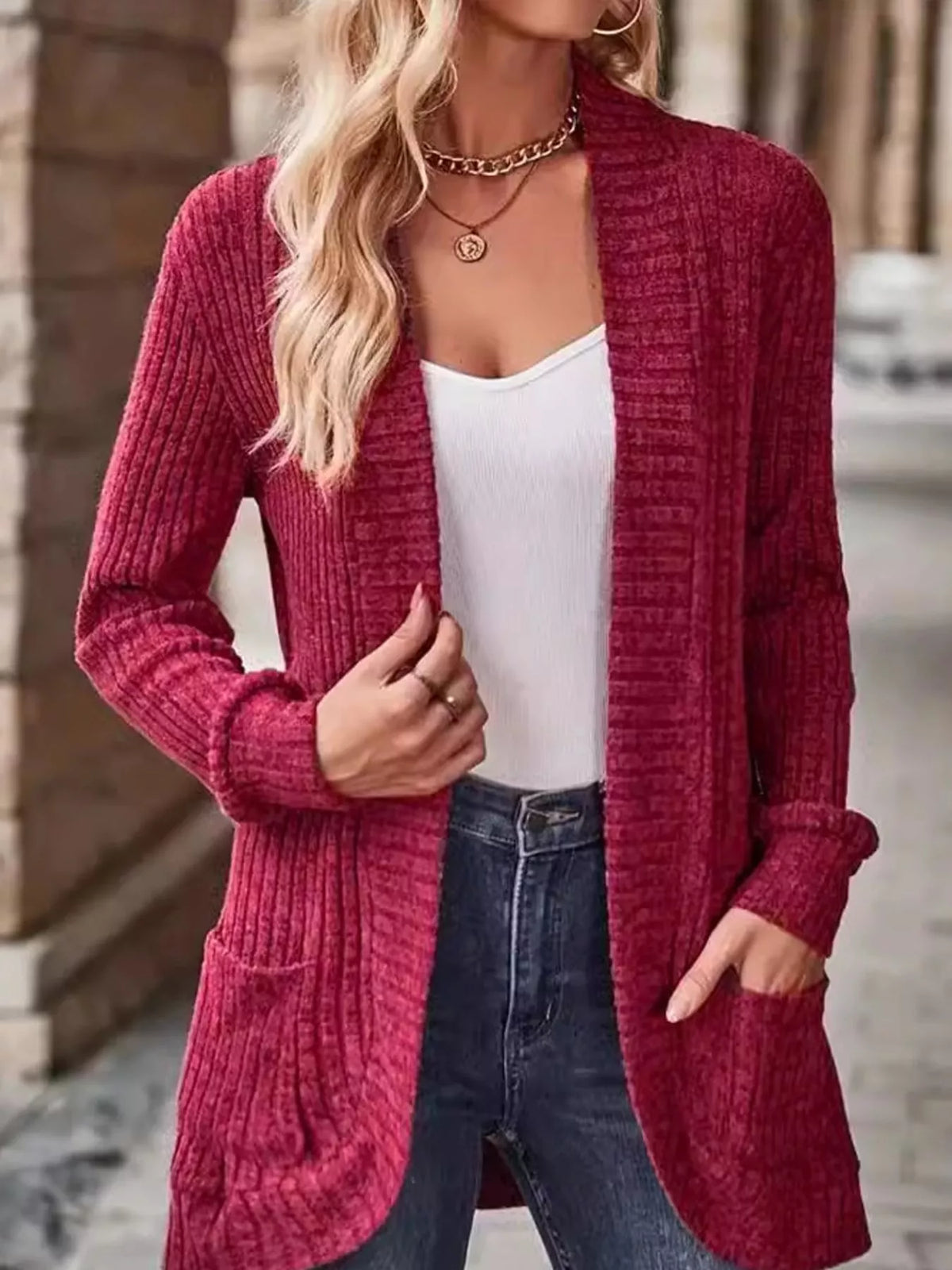 ribbed knit open front cardigan with pockets | dropsona - neutral - close-up detail